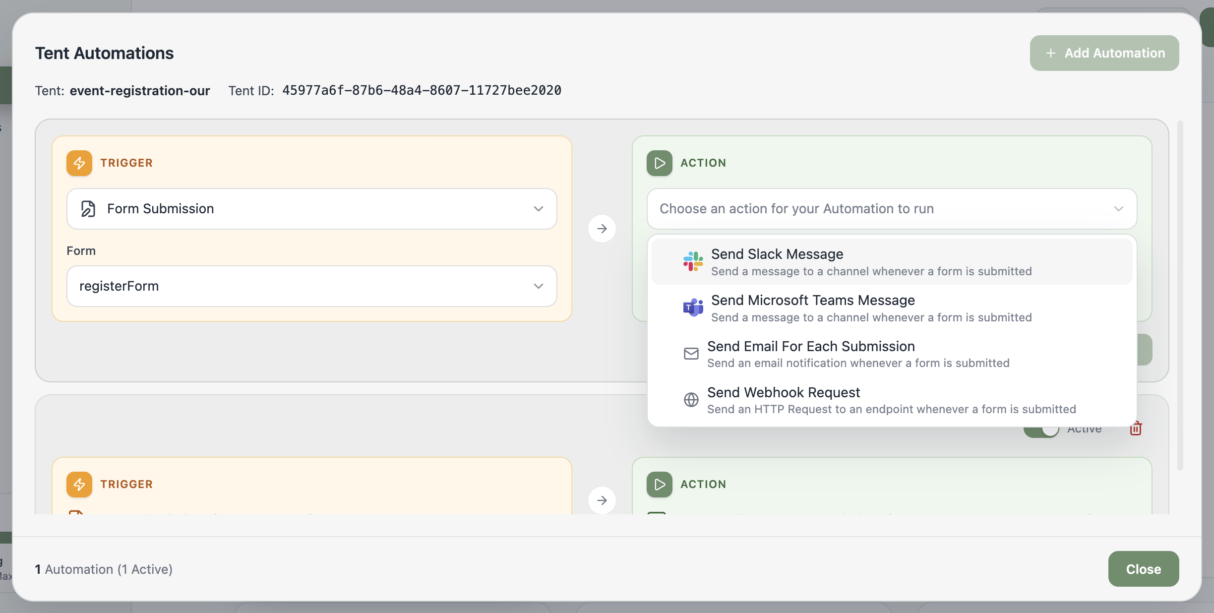A screenshot of the action dropdown showing Send Slack Message, Send Microsoft Teams Message, Send Email For Each Submission, and Send Webhook Request.