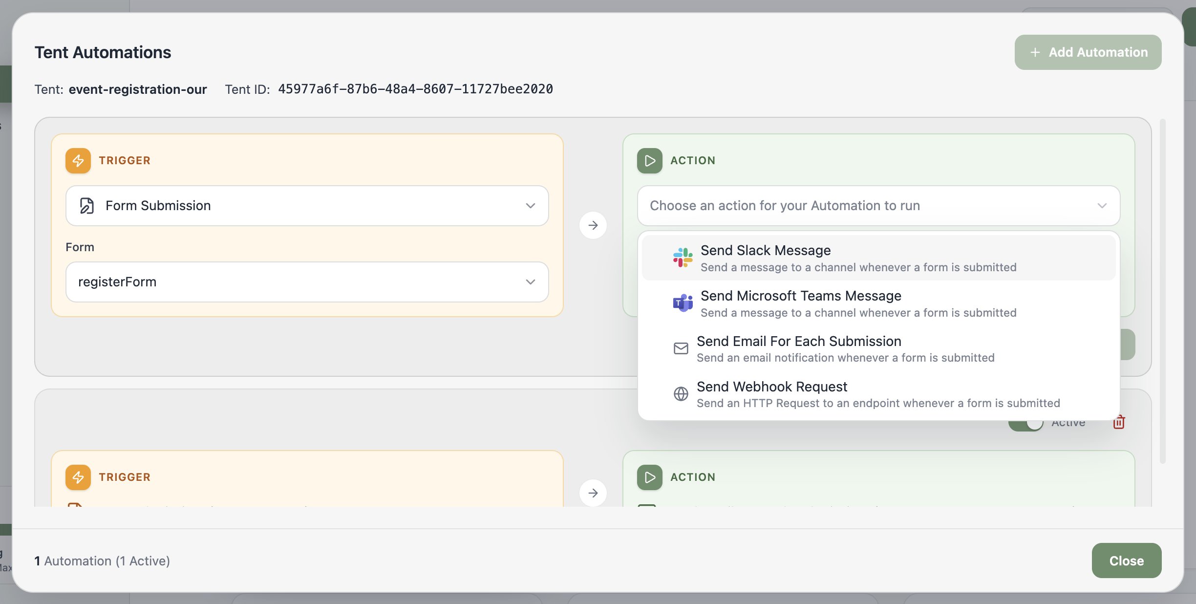 A screenshot of the action dropdown showing Send Slack Message, Send Microsoft Teams Message, Send Email For Each Submission, and Send Webhook Request.