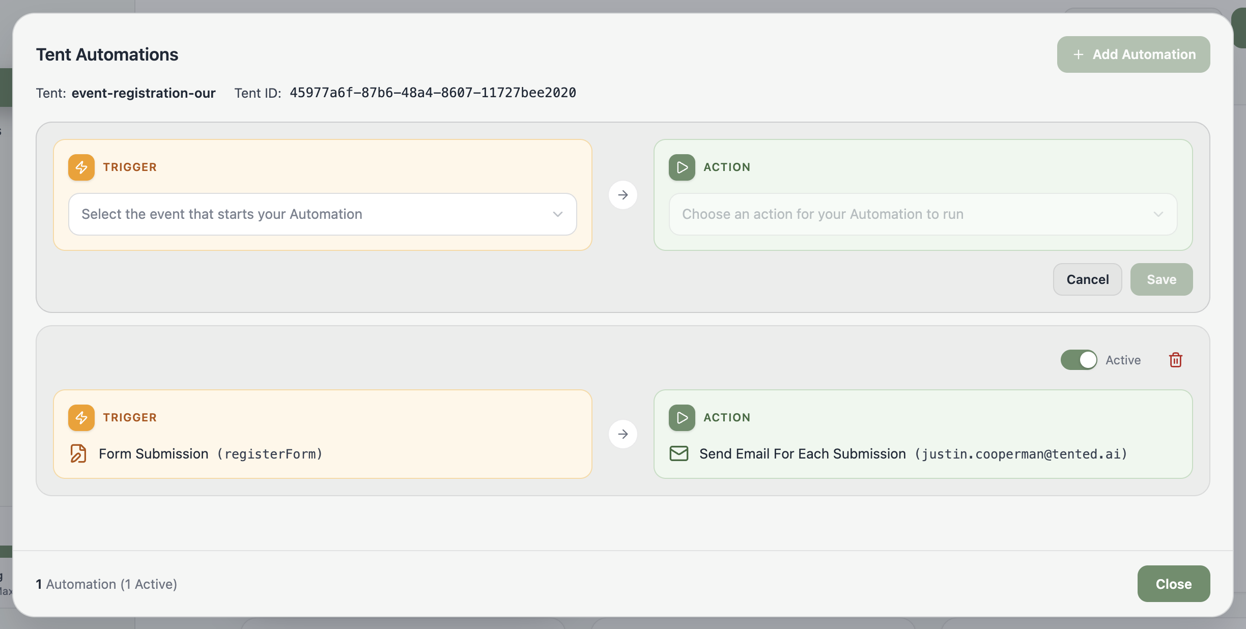 A screenshot of the Tent Automations builder with a Trigger dropdown on the left and an Action dropdown on the right.