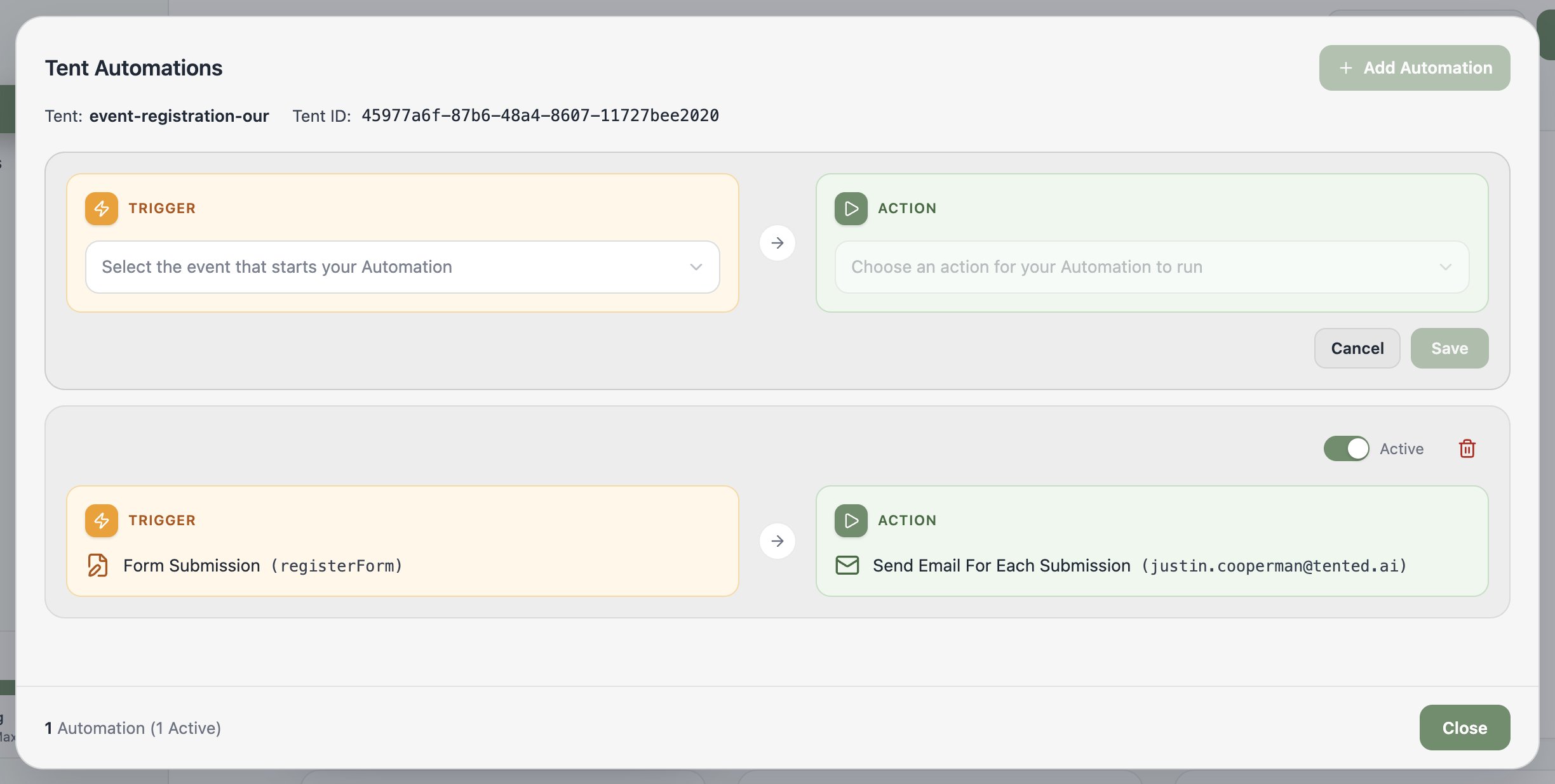 A screenshot of the Tent Automations builder with a Trigger dropdown on the left and an Action dropdown on the right.