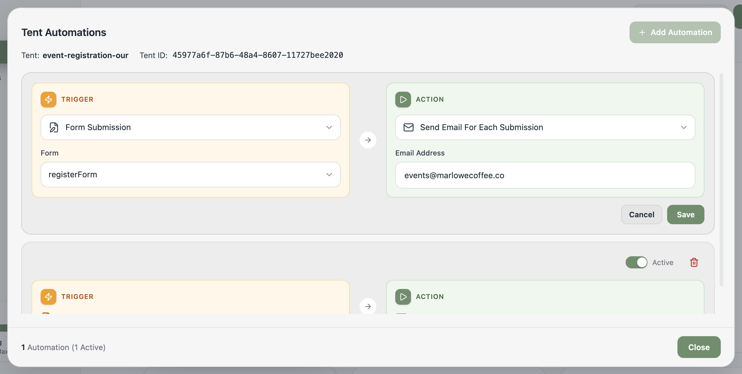 A screenshot of a configured automation: Form Submission triggers Send Email For Each Submission to a chosen address.