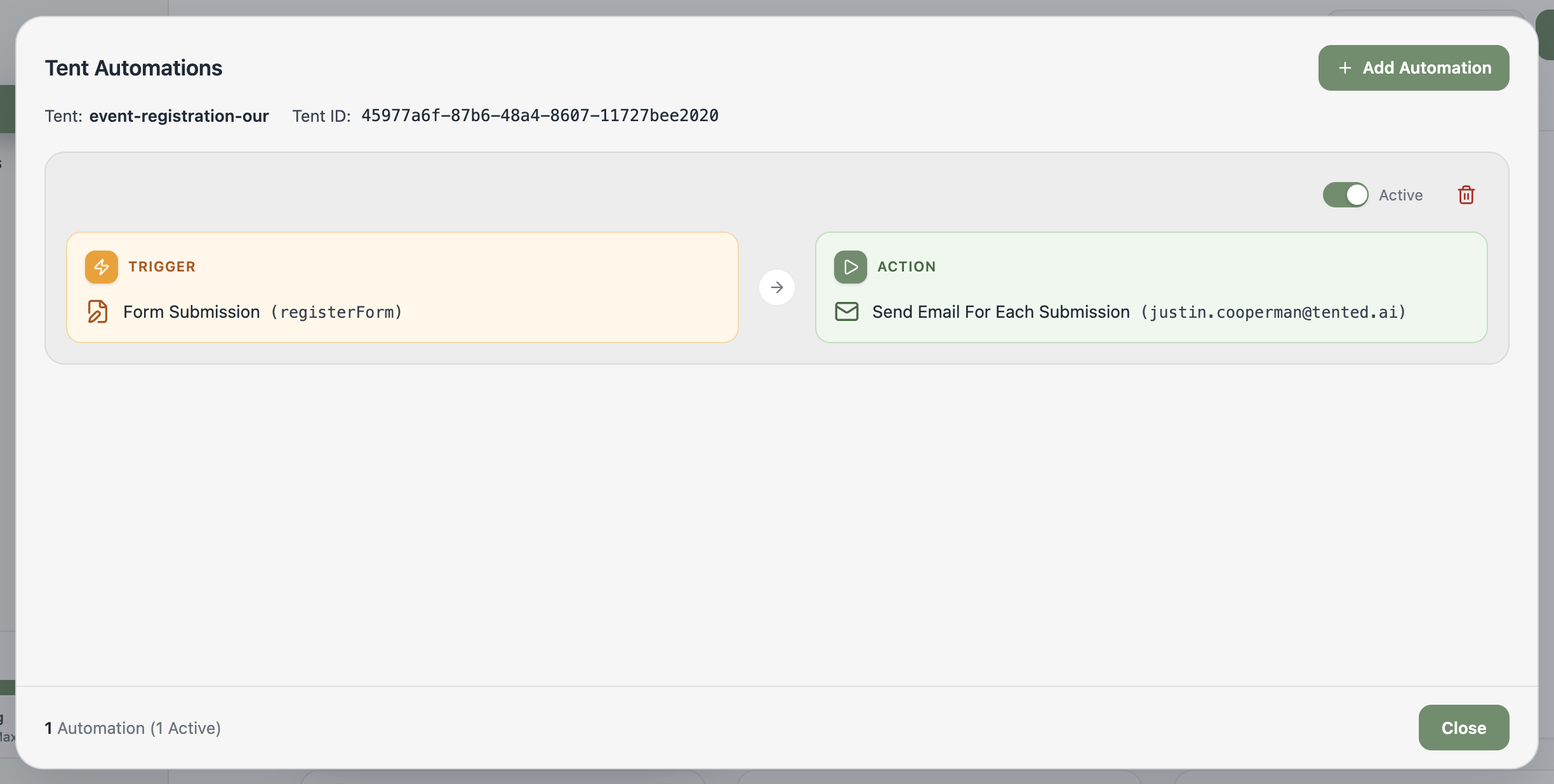 A screenshot of a saved automation with its Active toggle and delete control.