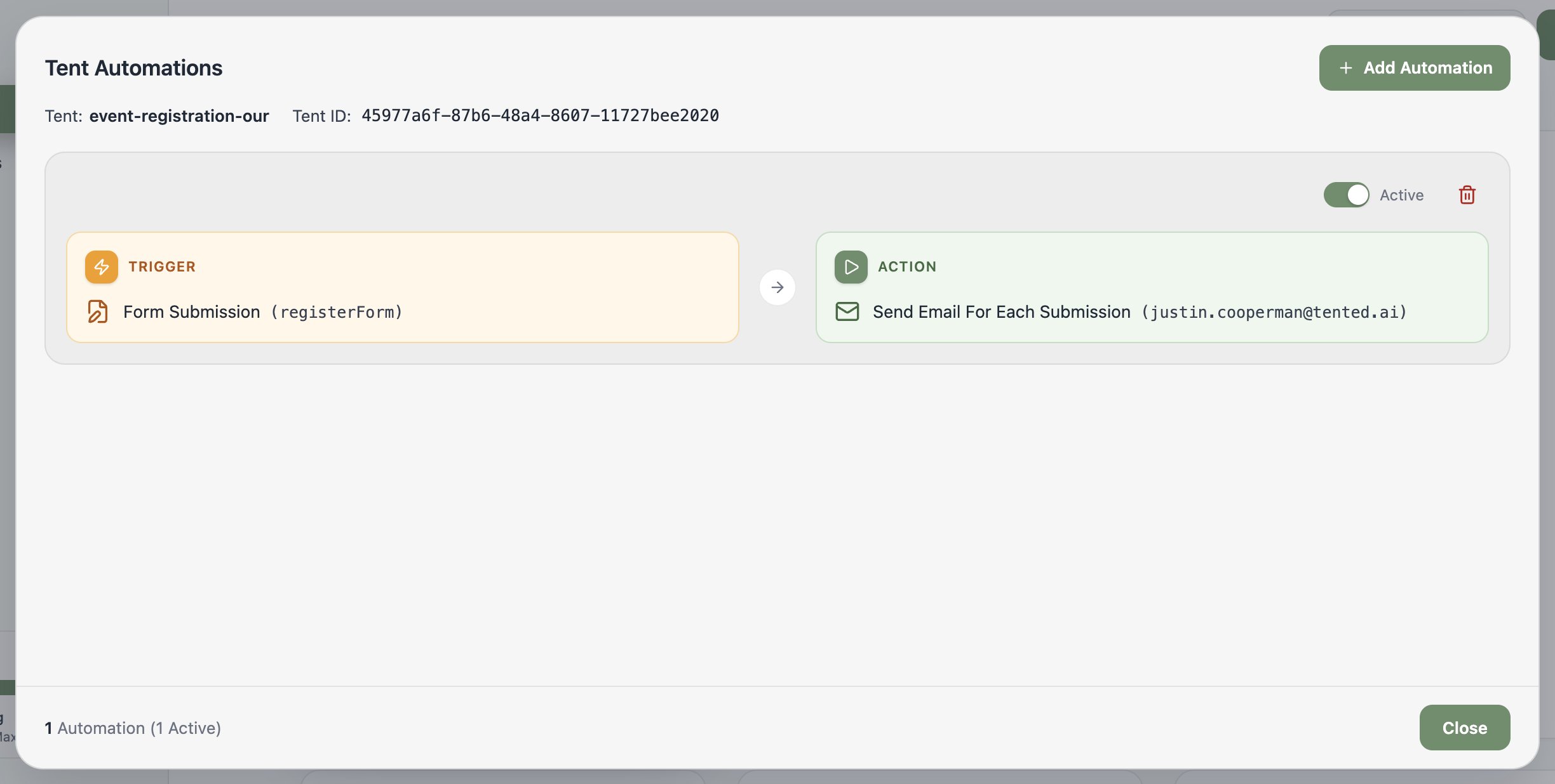 A screenshot of a saved automation with its Active toggle and delete control.