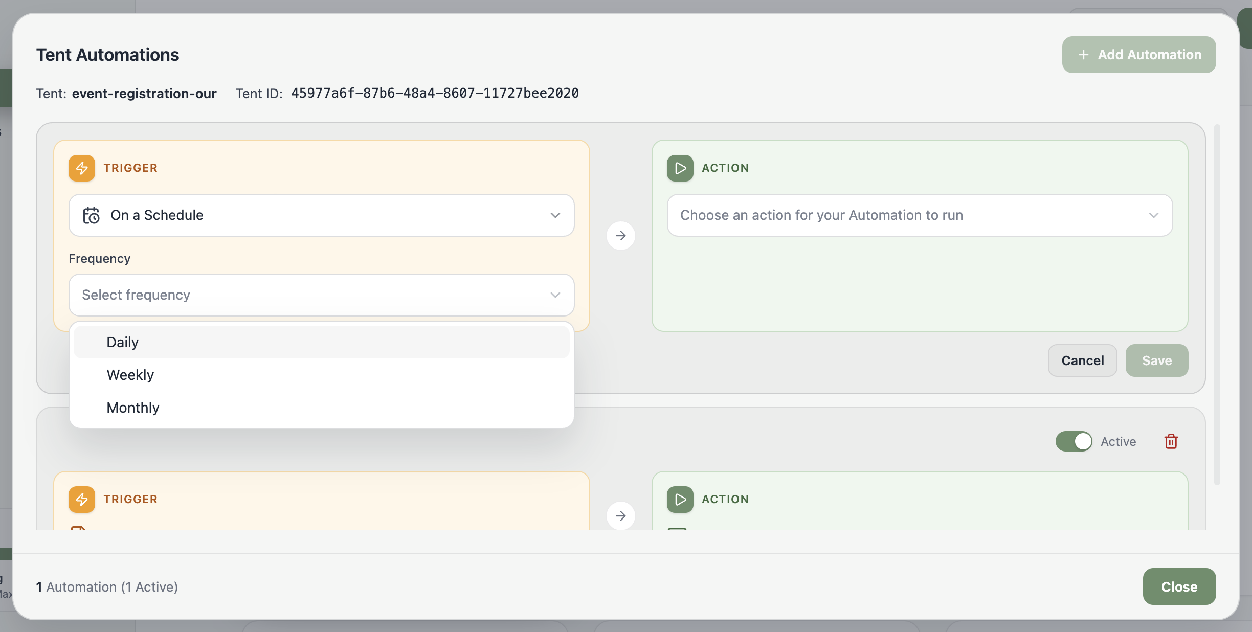 A screenshot of the On a Schedule trigger with Daily, Weekly, and Monthly frequency options.