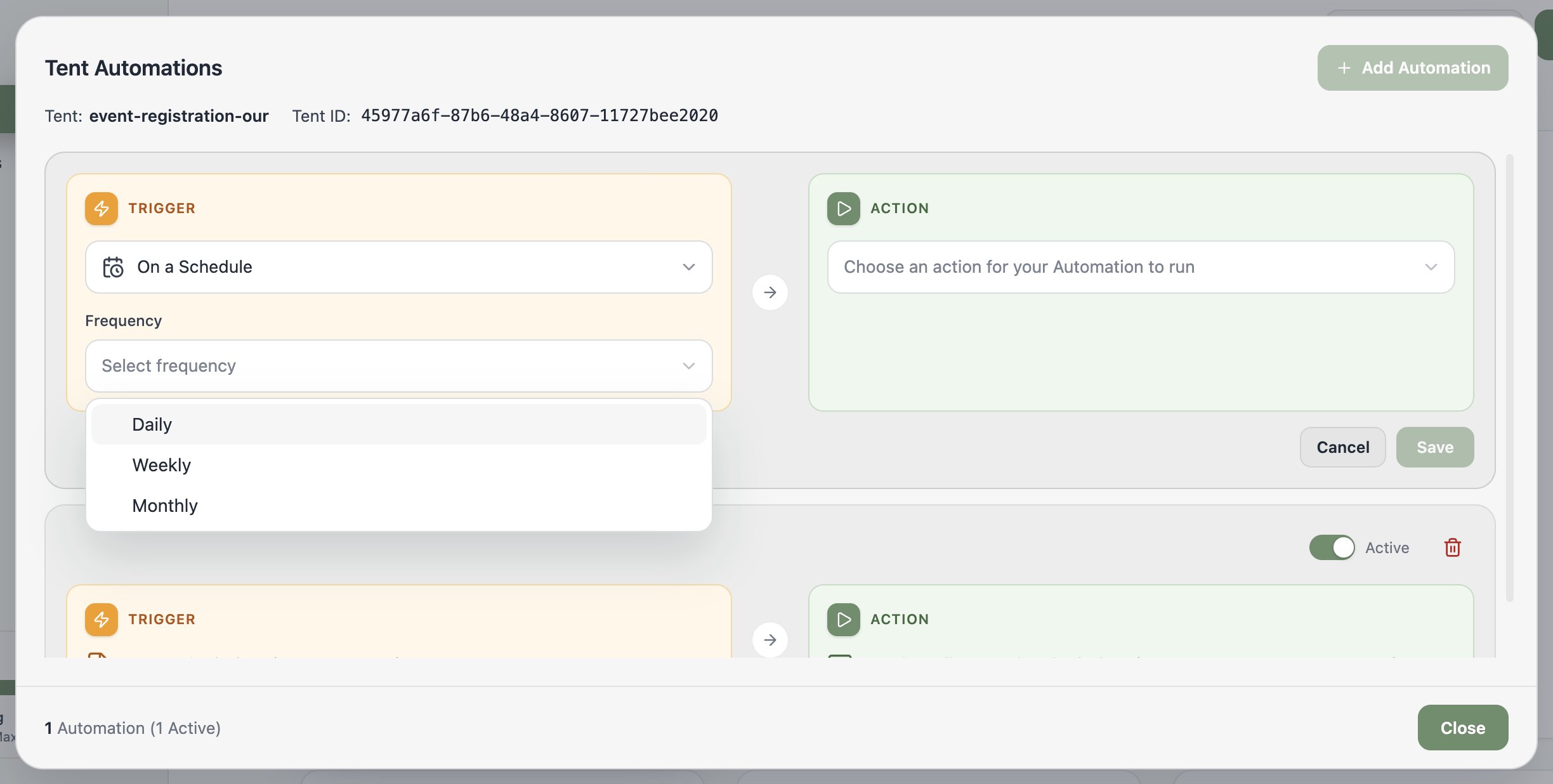 A screenshot of the On a Schedule trigger with Daily, Weekly, and Monthly frequency options.