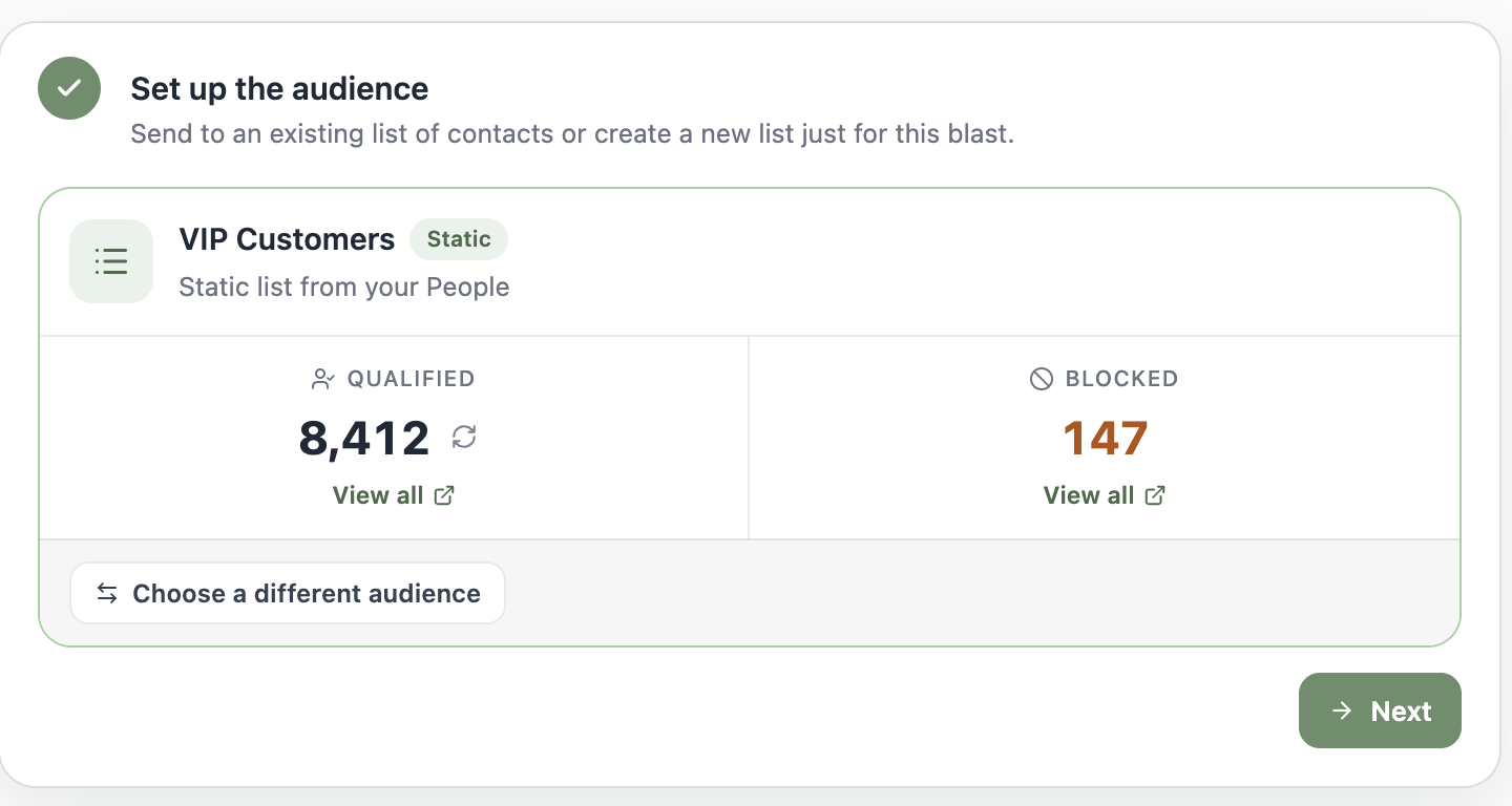 A screenshot of a selected audience showing 8,412 qualified contacts and 147 blocked.
