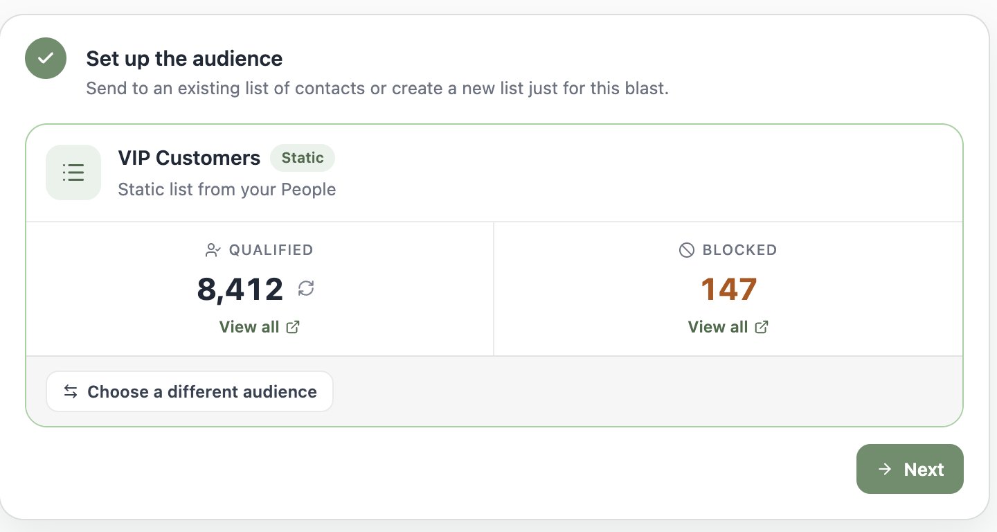 A screenshot of a selected audience showing 8,412 qualified contacts and 147 blocked.