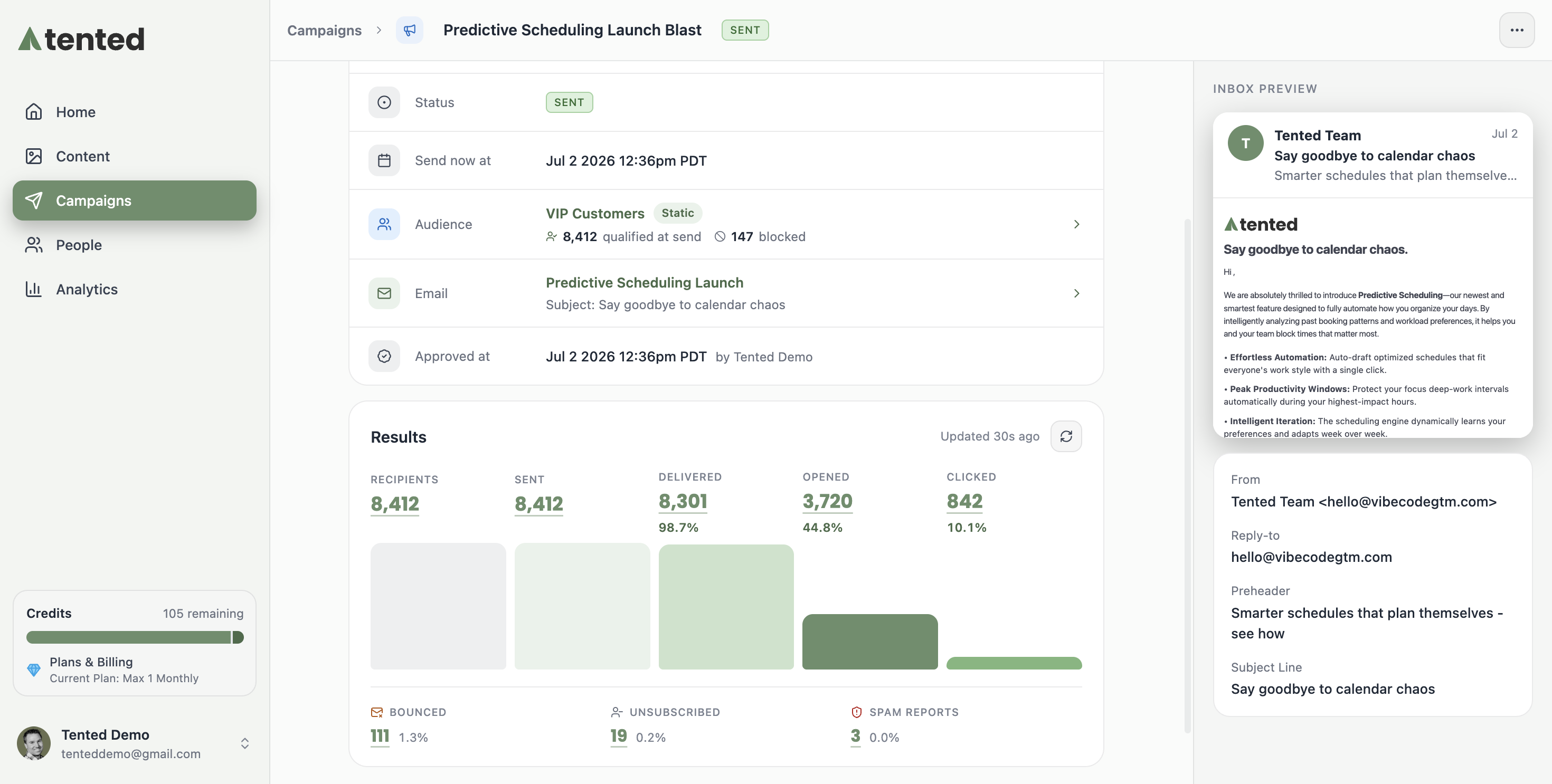 A screenshot of a completed blast showing its status, audience, email, and a results dashboard with sent and delivery metrics.