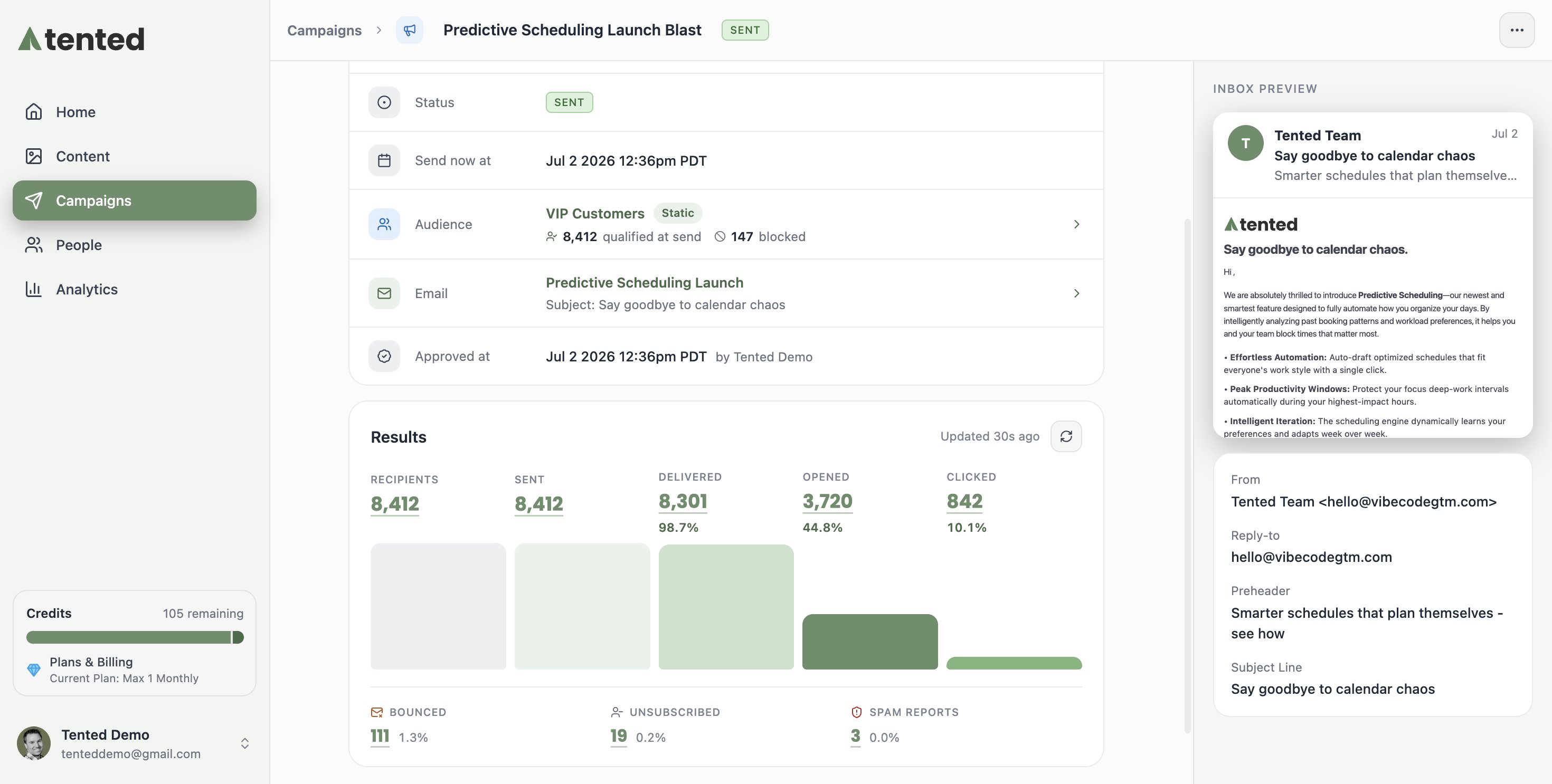 A screenshot of a completed blast showing its status, audience, email, and a results dashboard with sent and delivery metrics.