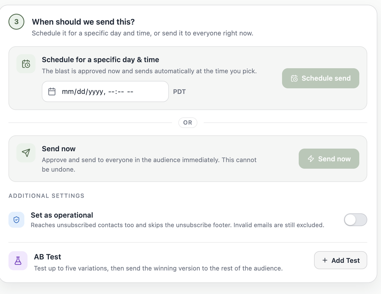 A screenshot of the blast Schedule step showing the Additional Settings card with the Set as operational toggle and the AB Test section with an Add Test button.