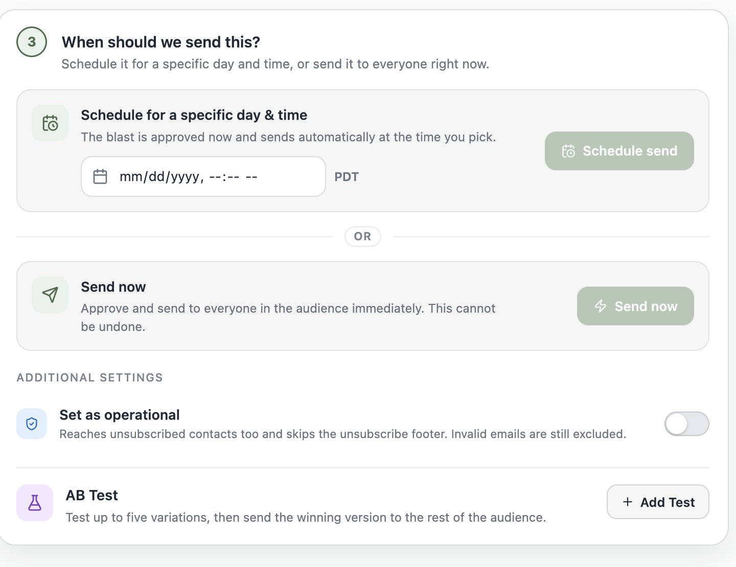 A screenshot of the blast Schedule step showing the Additional Settings card with the Set as operational toggle and the AB Test section with an Add Test button.