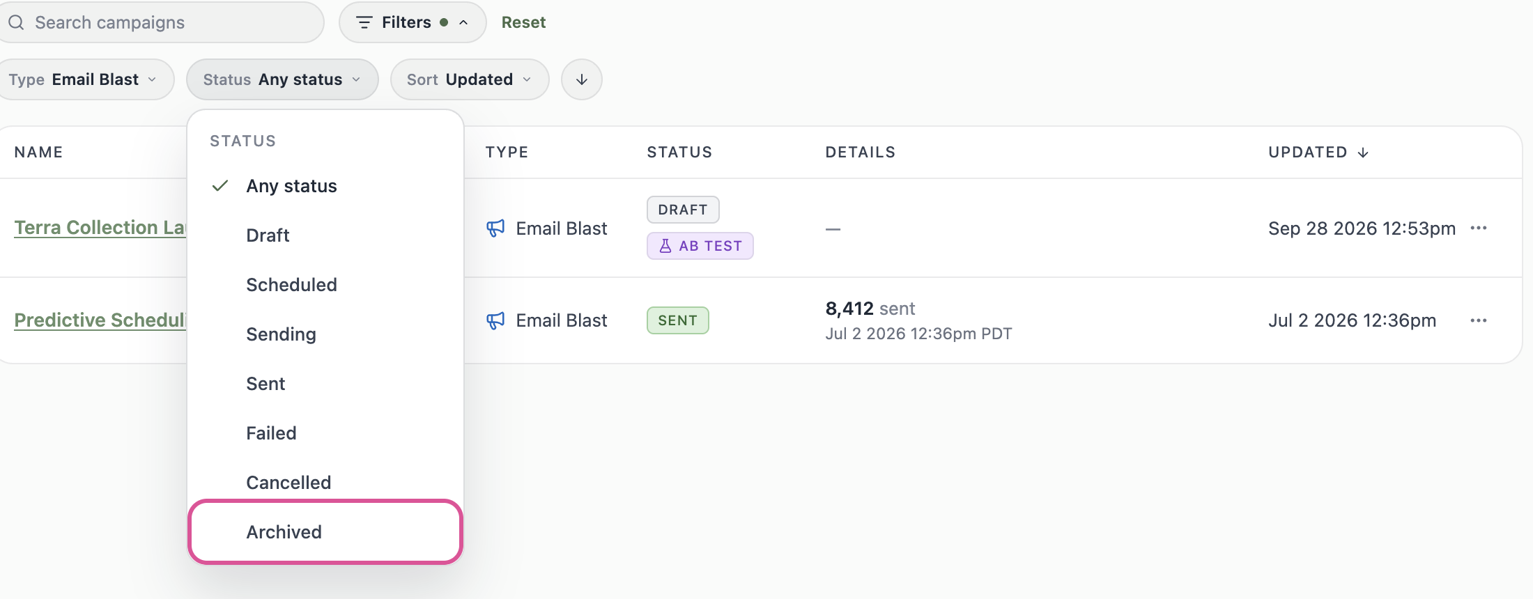 A screenshot of the campaigns Filter dropdown with Type set to Email Blast and the Status list showing the Archived option.