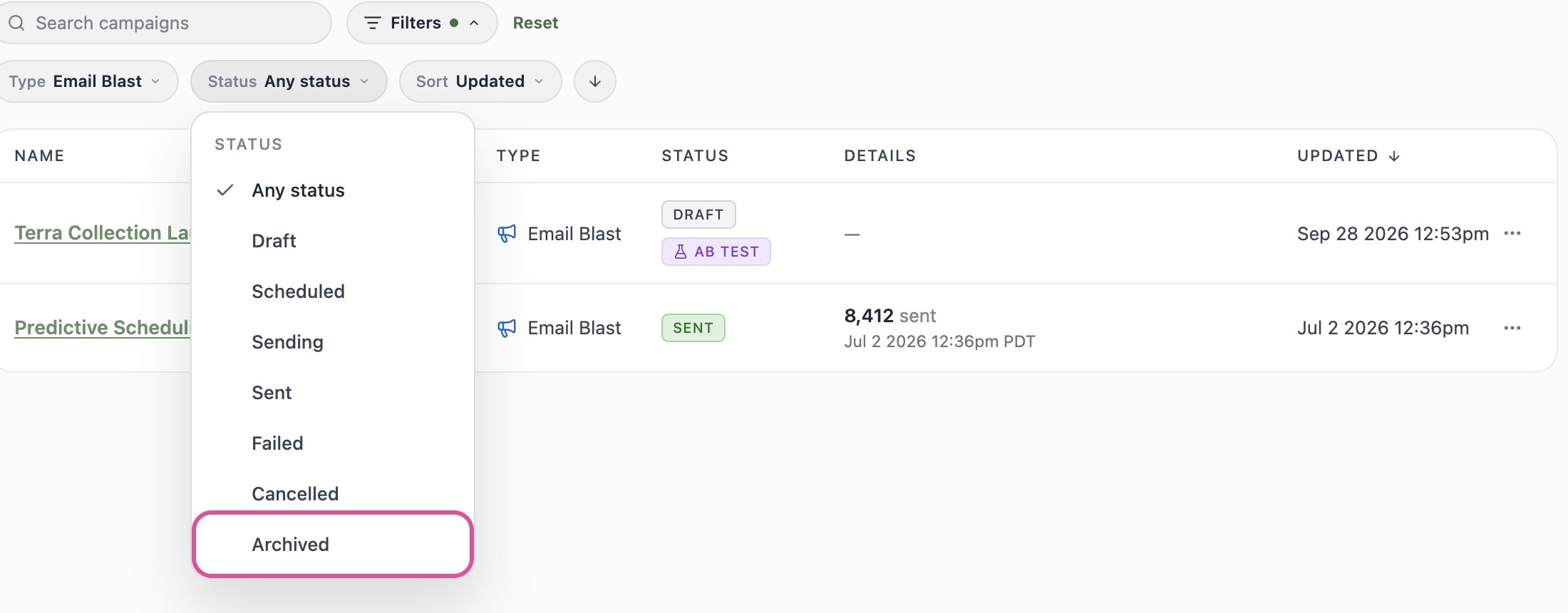 A screenshot of the campaigns Filter dropdown with Type set to Email Blast and the Status list showing the Archived option.