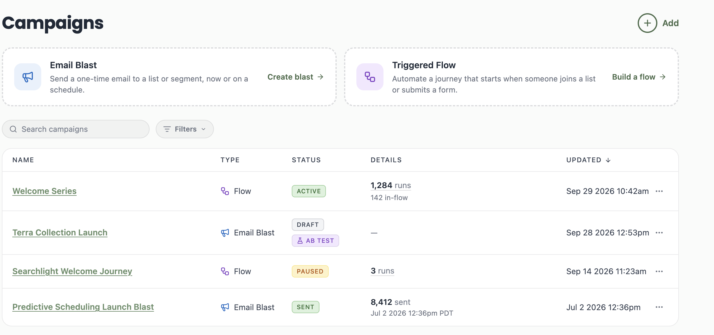 A screenshot of the Campaigns list where the draft blast Terra Collection Launch has a violet AB TEST badge beside its Draft status.
