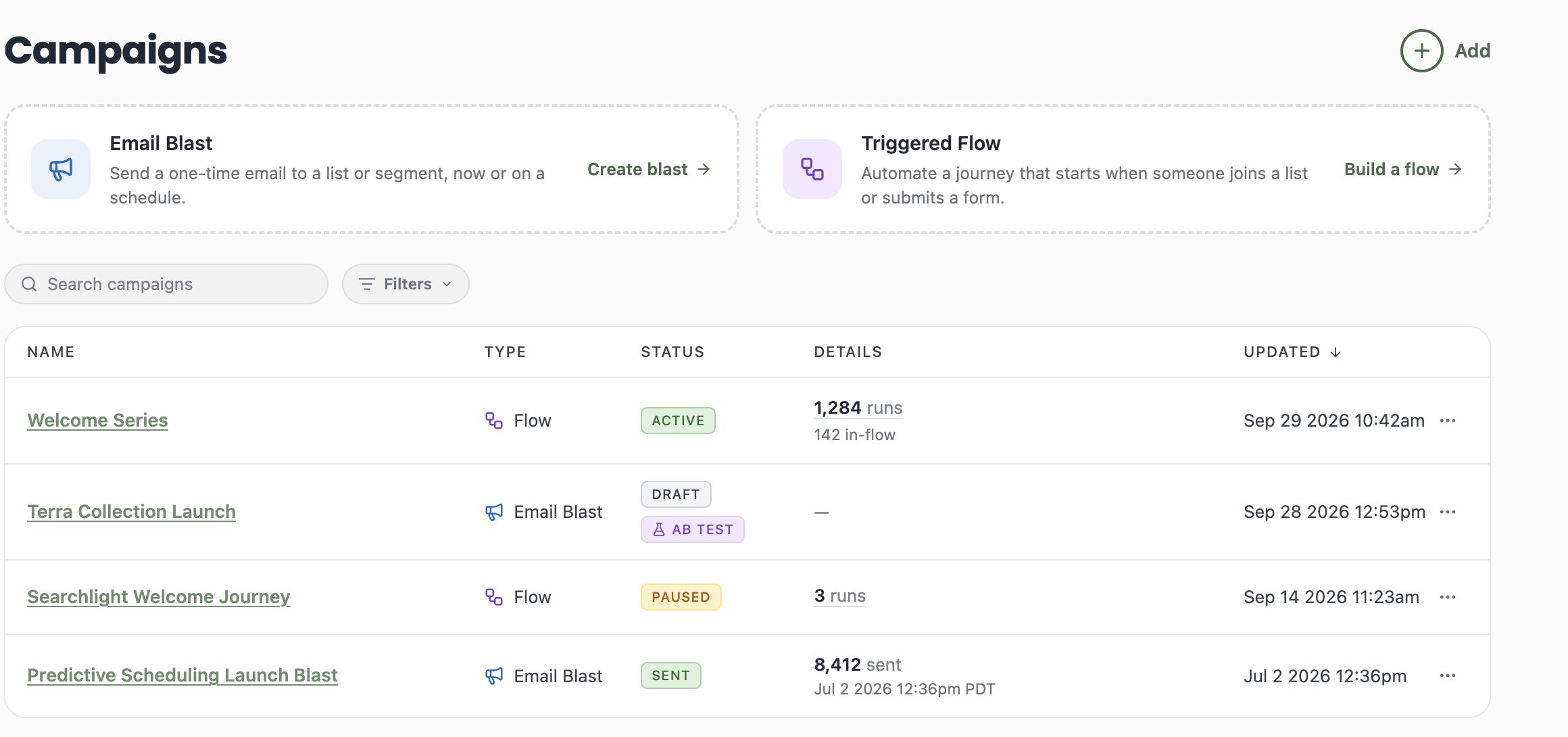A screenshot of the Campaigns list where the draft blast Terra Collection Launch has a violet AB TEST badge beside its Draft status.
