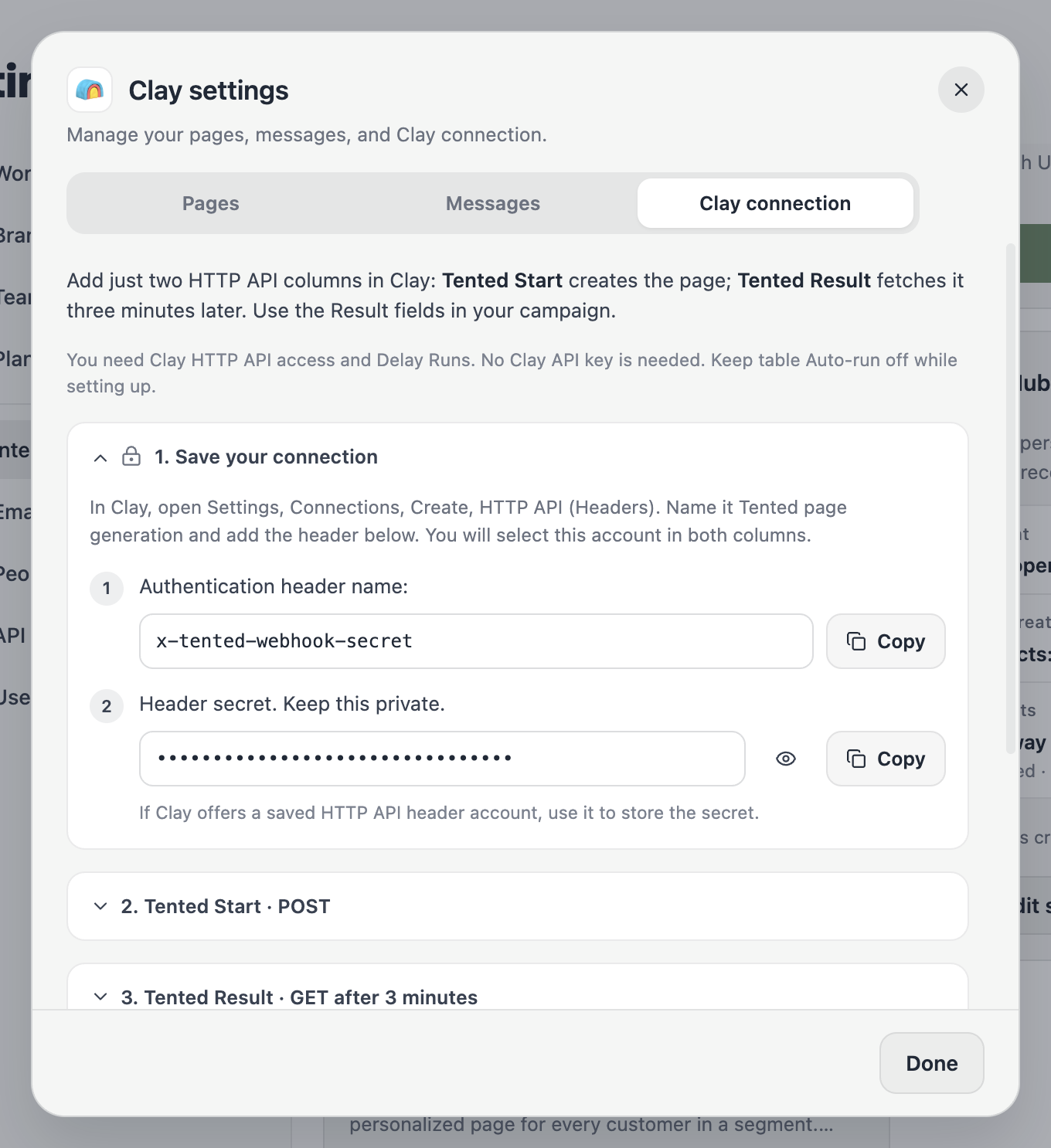The Clay connection tab with the four setup steps.