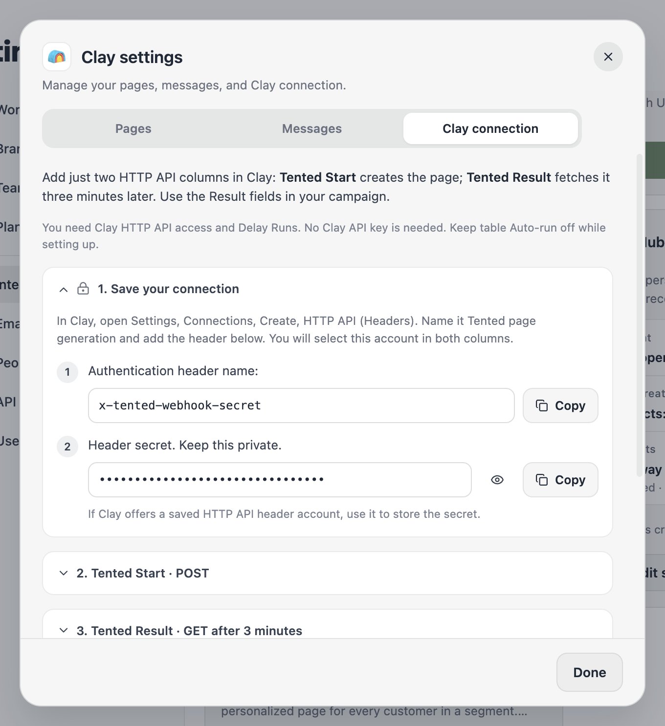 The Clay connection tab with the four setup steps.