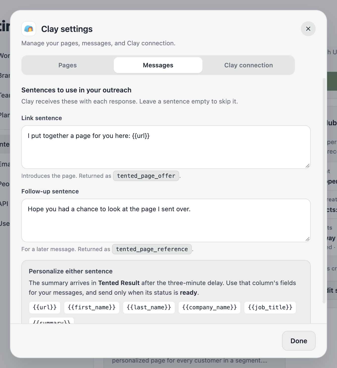 The Messages tab with both outreach sentences.