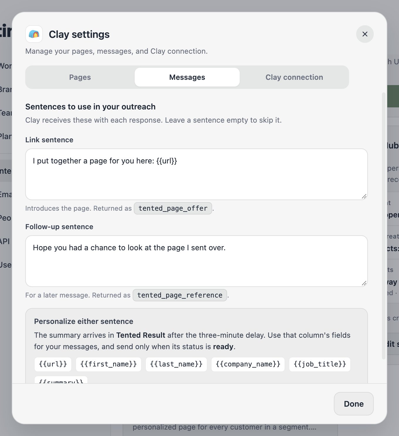 The Messages tab with both outreach sentences.
