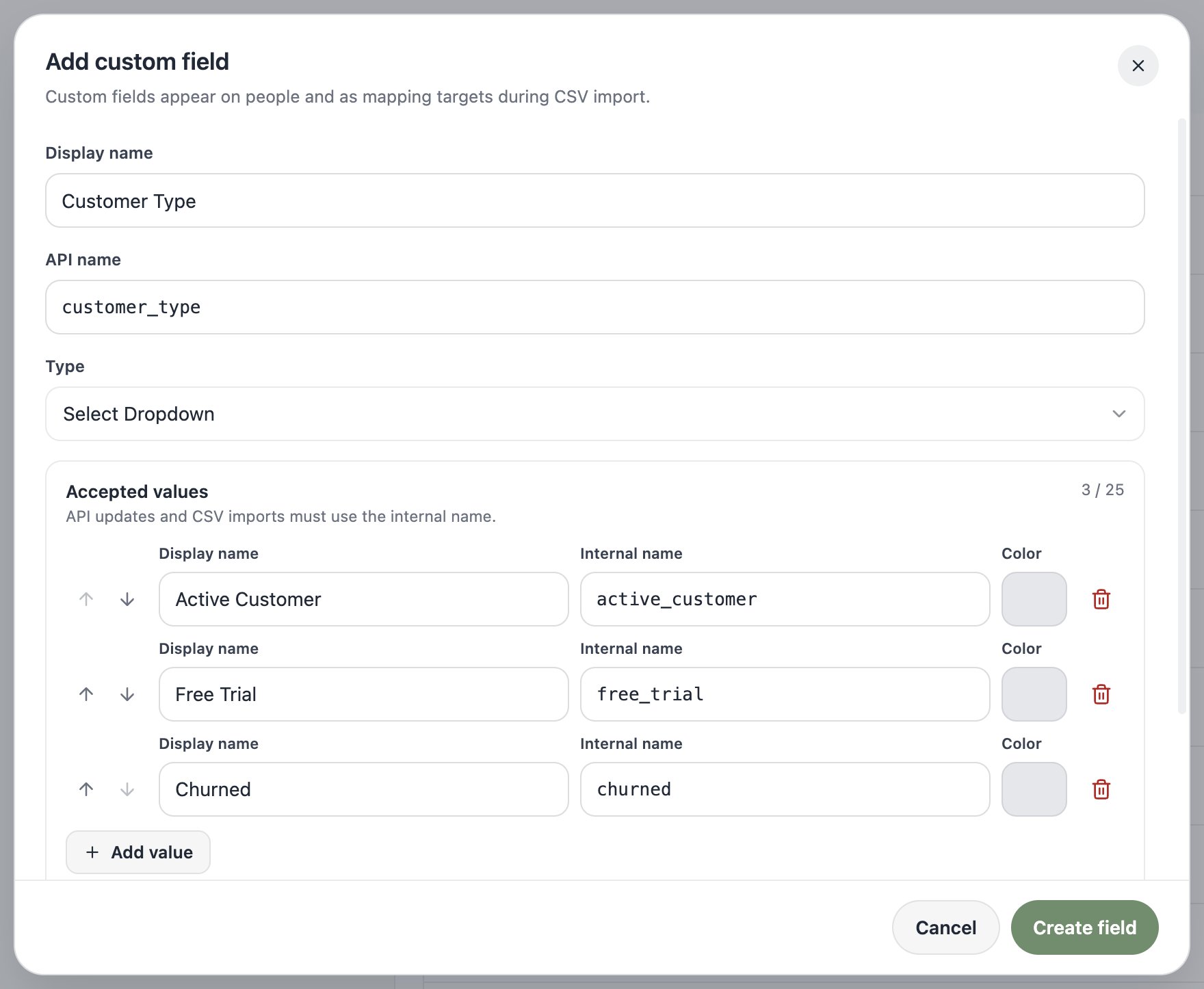 A screenshot of the Add custom field dialog for a Customer Type field of type Select Dropdown, with its Accepted values editor listing Active Customer, Free Trial, and Churned.