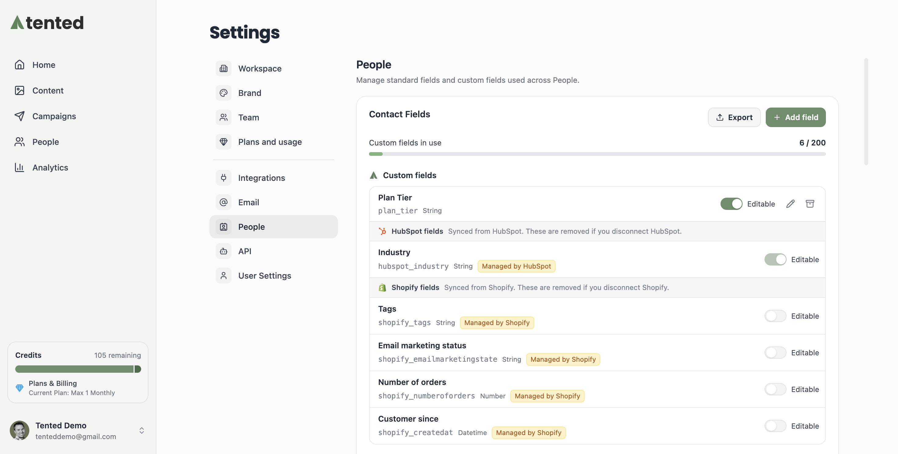 A screenshot of the People section of Settings showing the custom fields usage bar, the custom fields, and the fields synced from integrations.