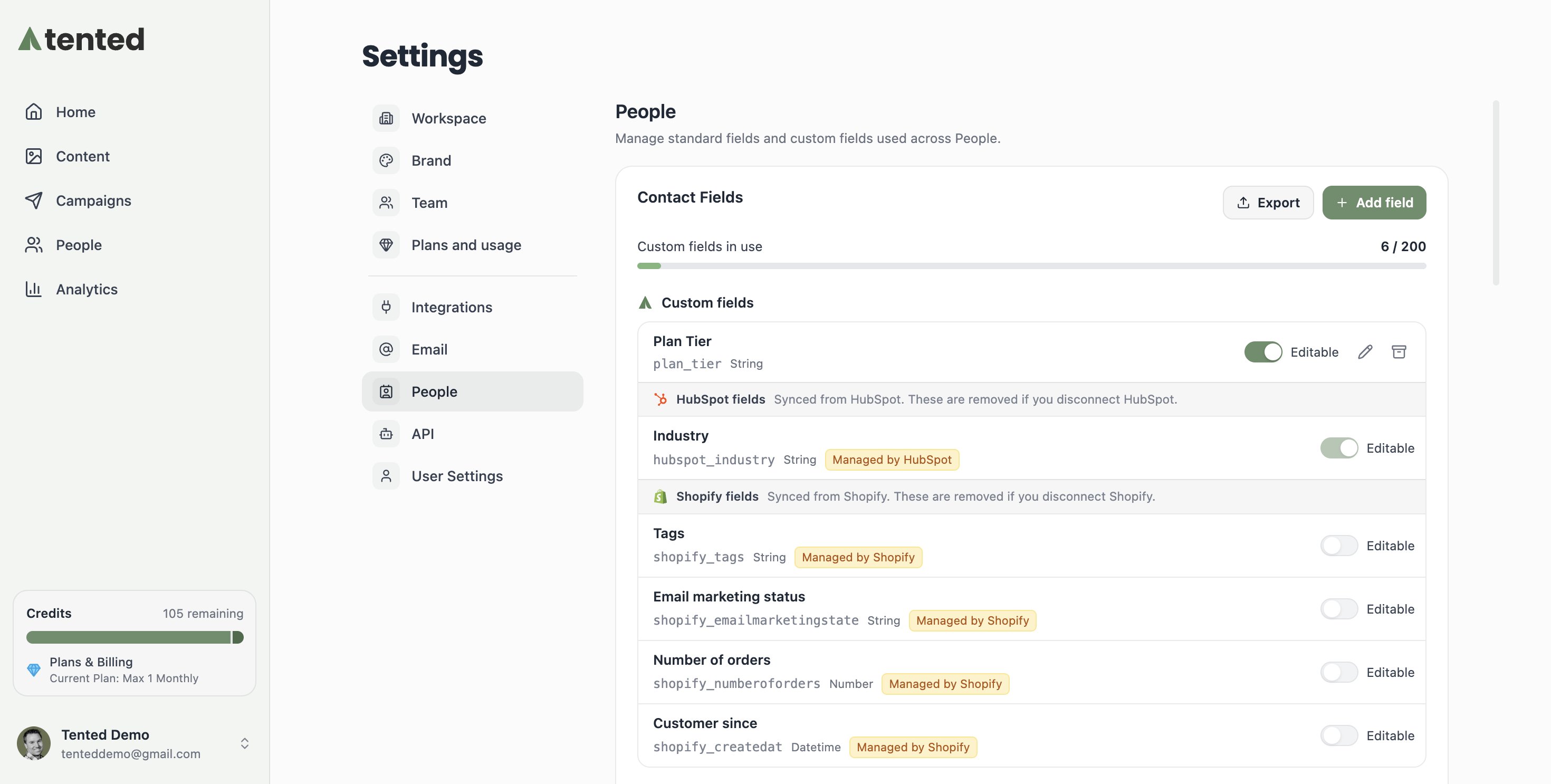 A screenshot of the People section of Settings showing the custom fields usage bar, the custom fields, and the fields synced from integrations.