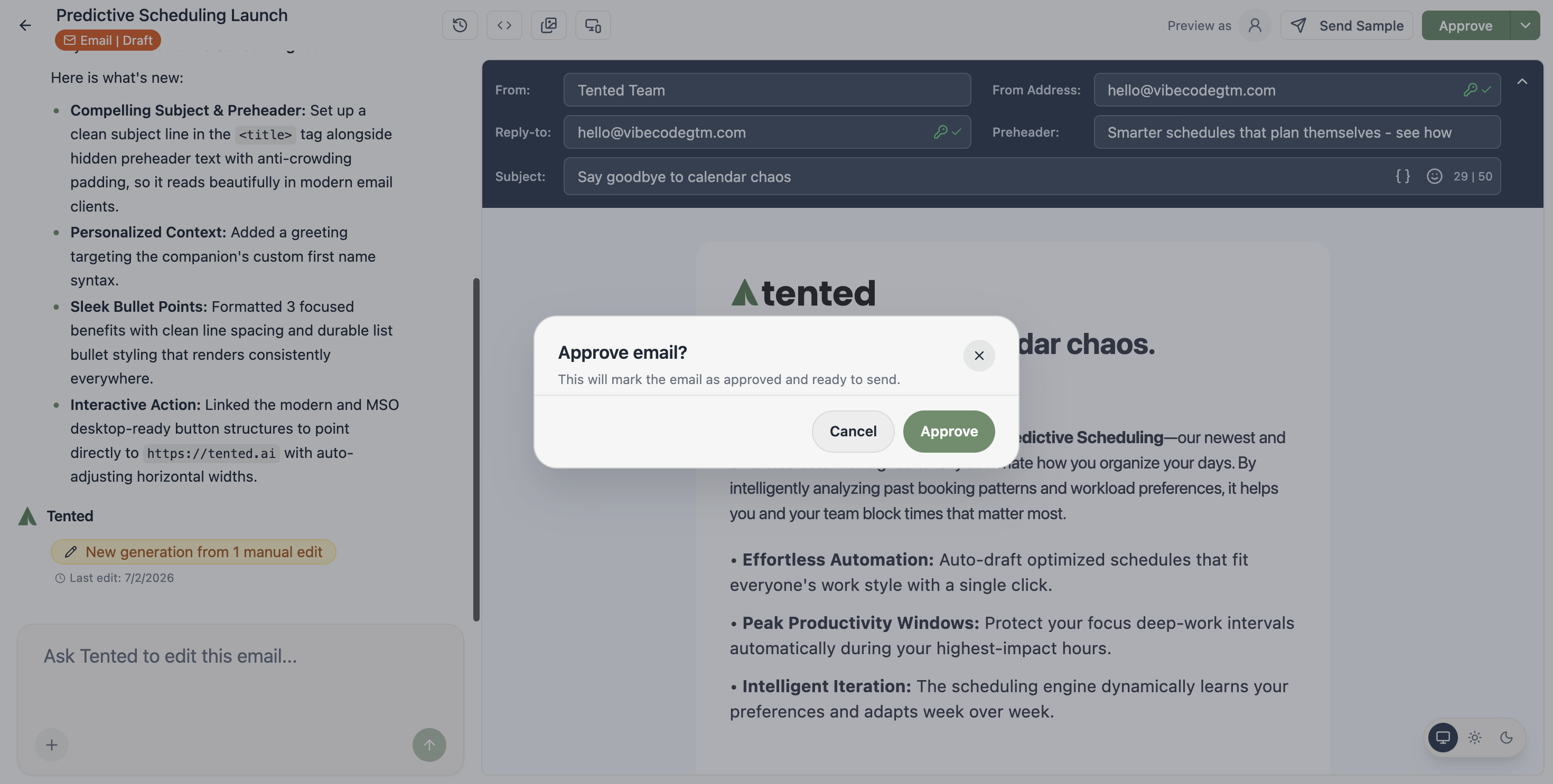 A screenshot of the Approve email confirmation dialog.