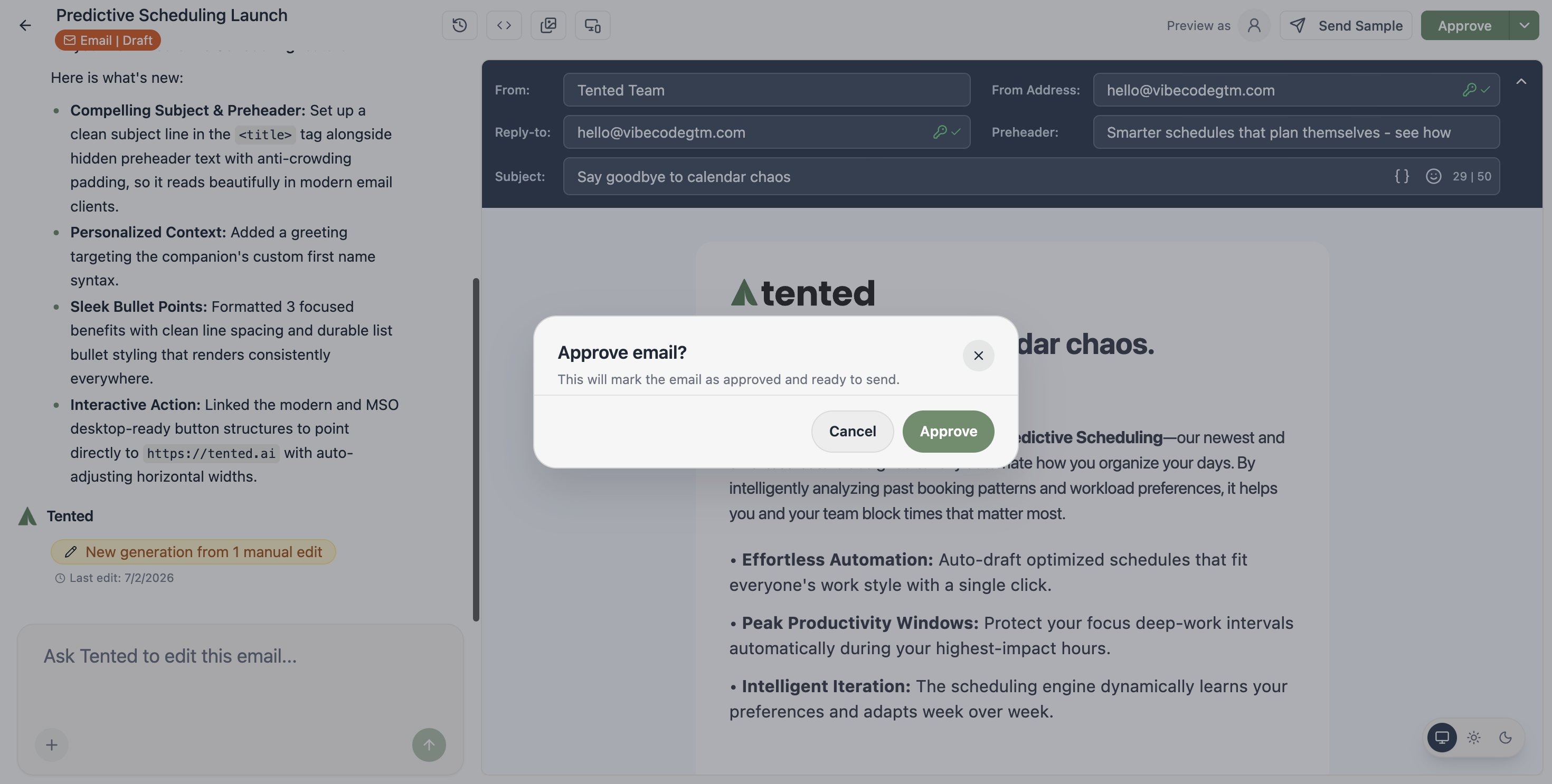 A screenshot of the Approve email confirmation dialog.