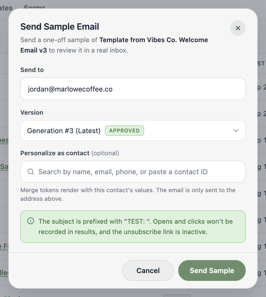 A screenshot of the Send Sample Email dialog with a recipient field, a version picker showing the latest generation, an optional contact personalization search, and a note that the subject is prefixed with TEST.