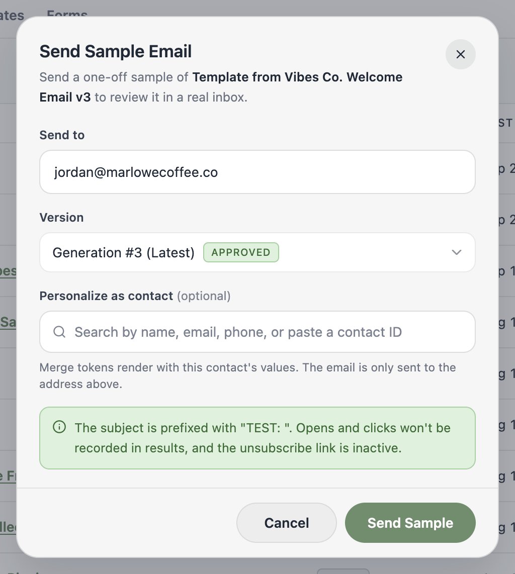 A screenshot of the Send Sample Email dialog with a recipient field, a version picker showing the latest generation, an optional contact personalization search, and a note that the subject is prefixed with TEST.