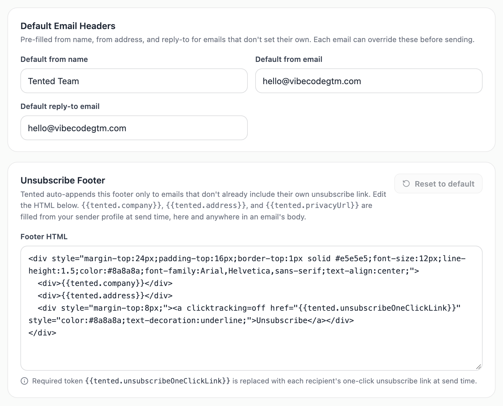 A screenshot of the Default Email Headers section and the Unsubscribe Footer editor with its HTML template.