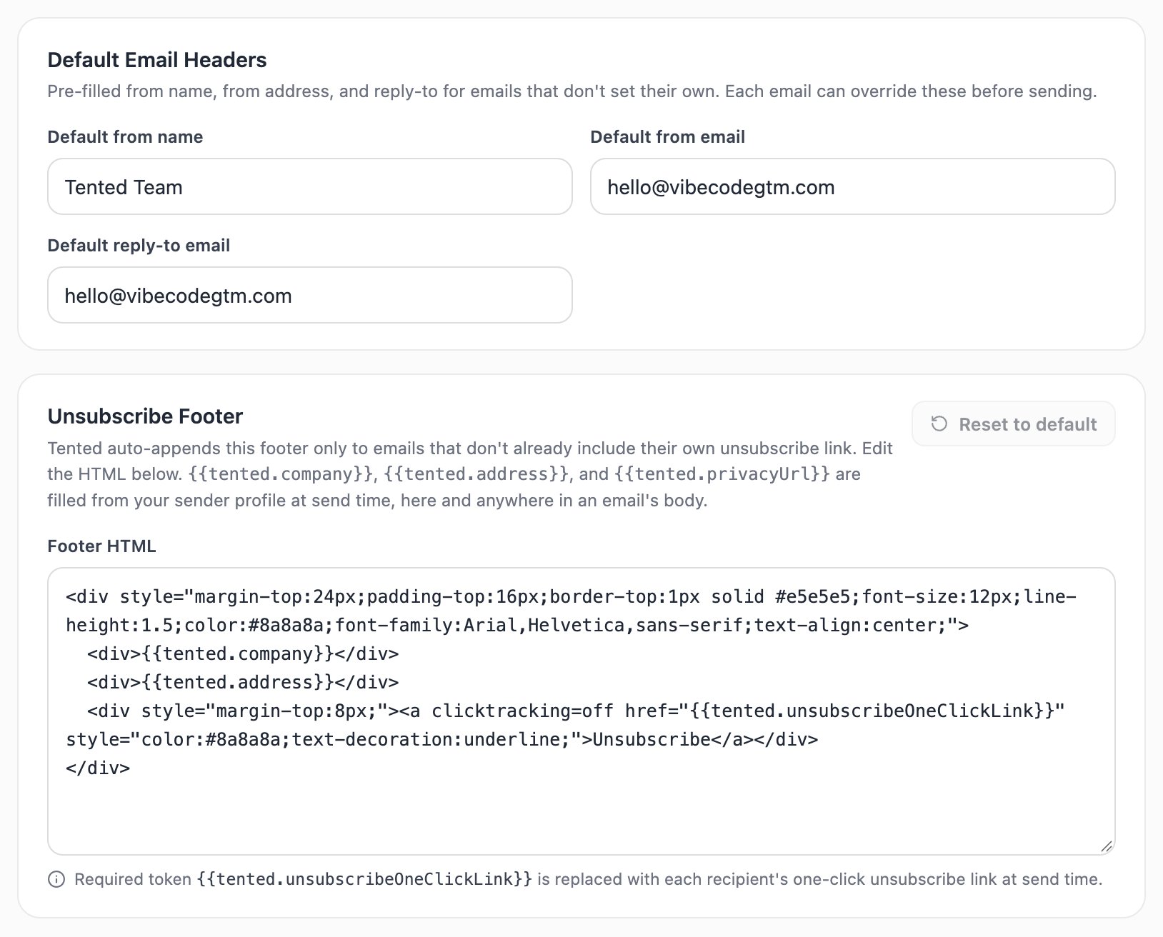 A screenshot of the Default Email Headers section and the Unsubscribe Footer editor with its HTML template.