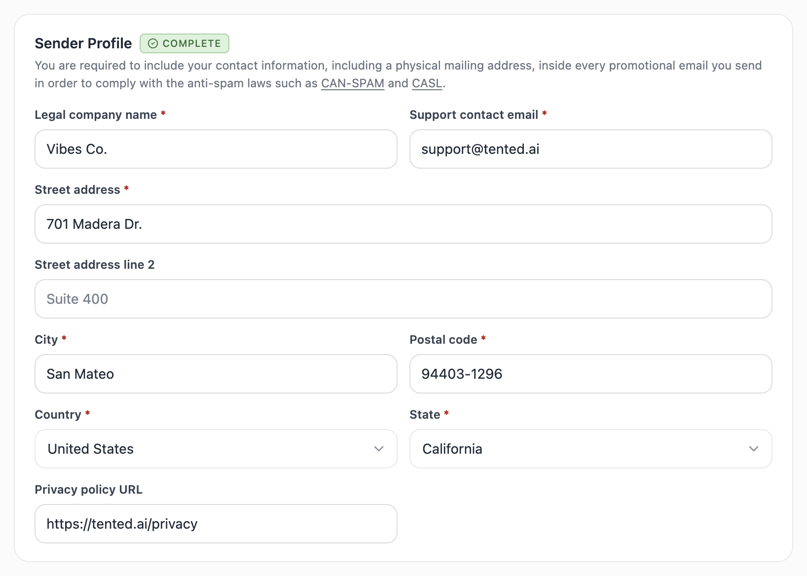 A screenshot of the Sender Profile form with legal company name, support email, and mailing address fields, marked Complete.