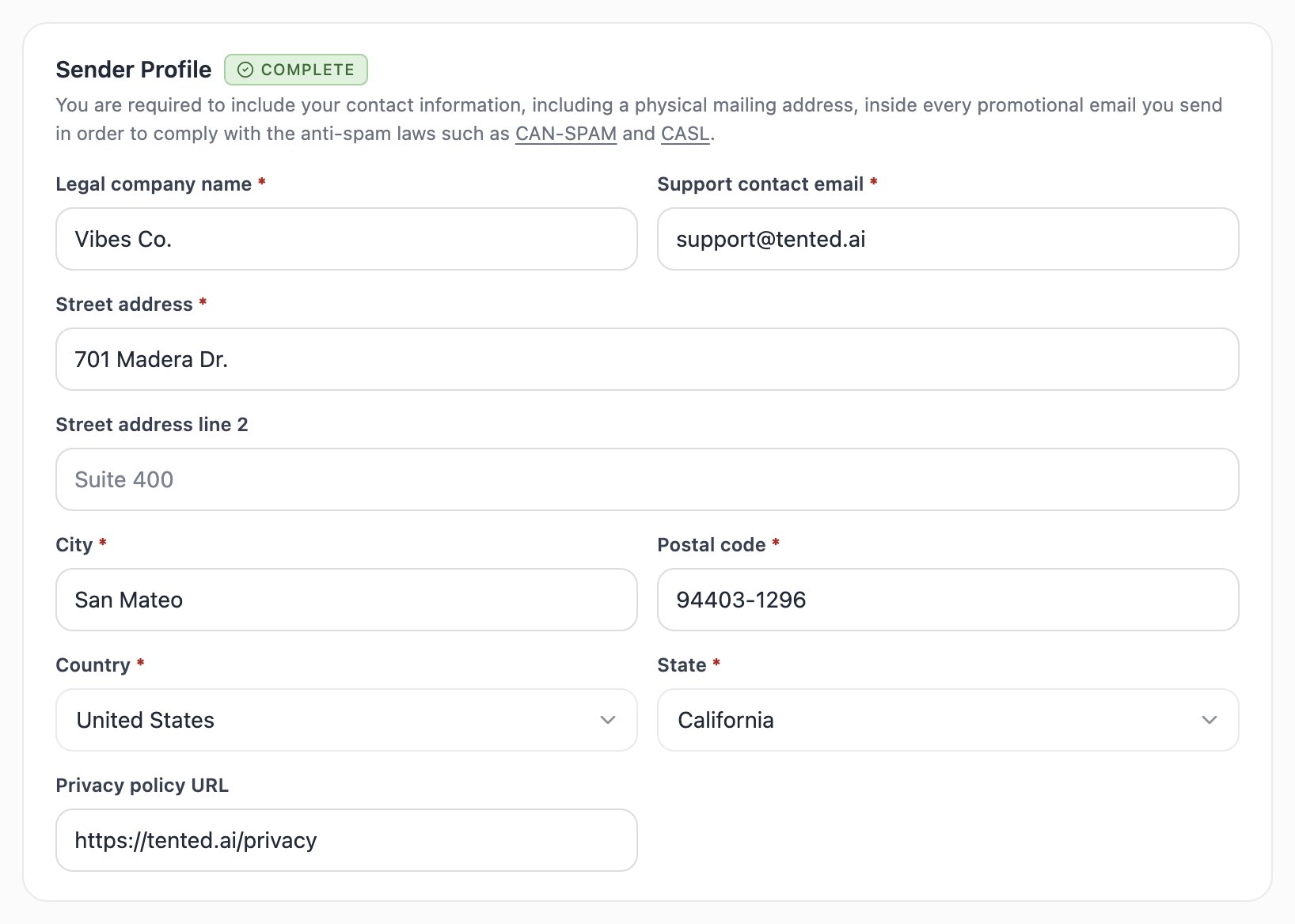 A screenshot of the Sender Profile form with legal company name, support email, and mailing address fields, marked Complete.
