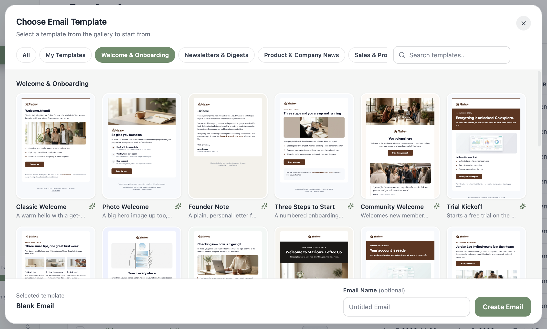 A screenshot of the Choose Email Template gallery with category filters and example templates rendered in the workspace's branding.