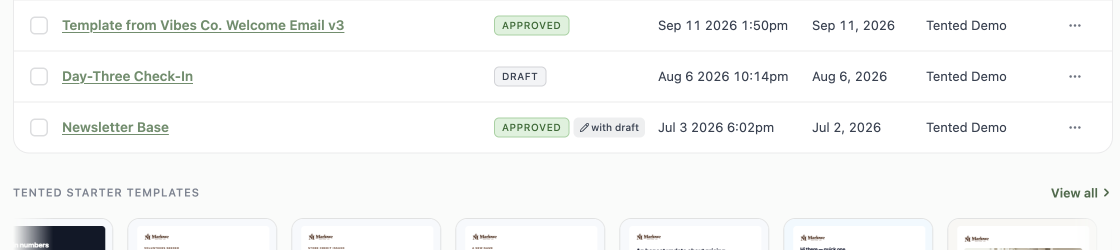 A screenshot of the Email Templates tab showing the Tented Starter Templates row, with every example template rendered in the workspace's Vibes Co. branding.