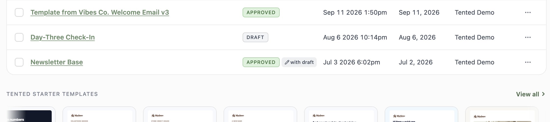 A screenshot of the Email Templates tab showing the Tented Starter Templates row, with every example template rendered in the workspace's Vibes Co. branding.