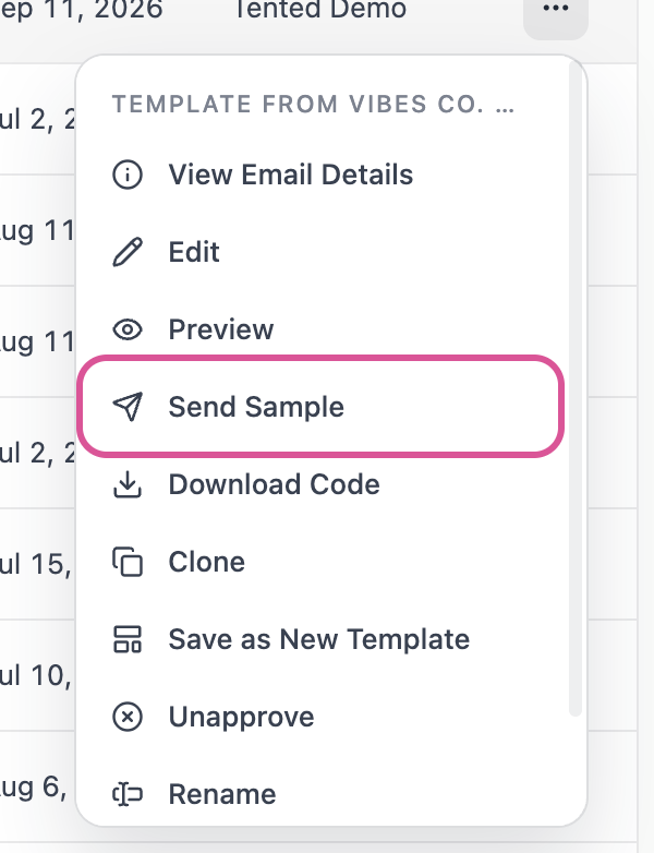 A screenshot of an email's row menu on the Emails list with the Send Sample item highlighted.