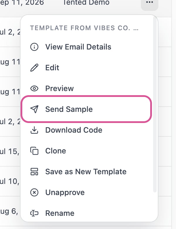 A screenshot of an email's row menu on the Emails list with the Send Sample item highlighted.