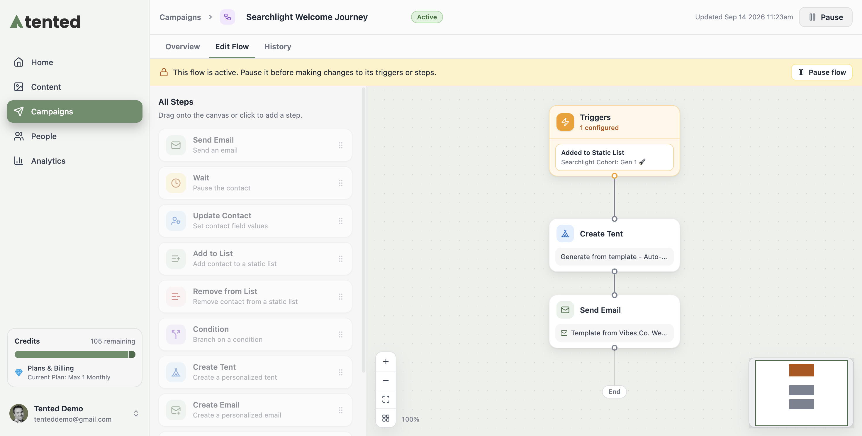 A screenshot of an active flow with the ACTIVE badge and a banner noting the flow must be paused before making changes.