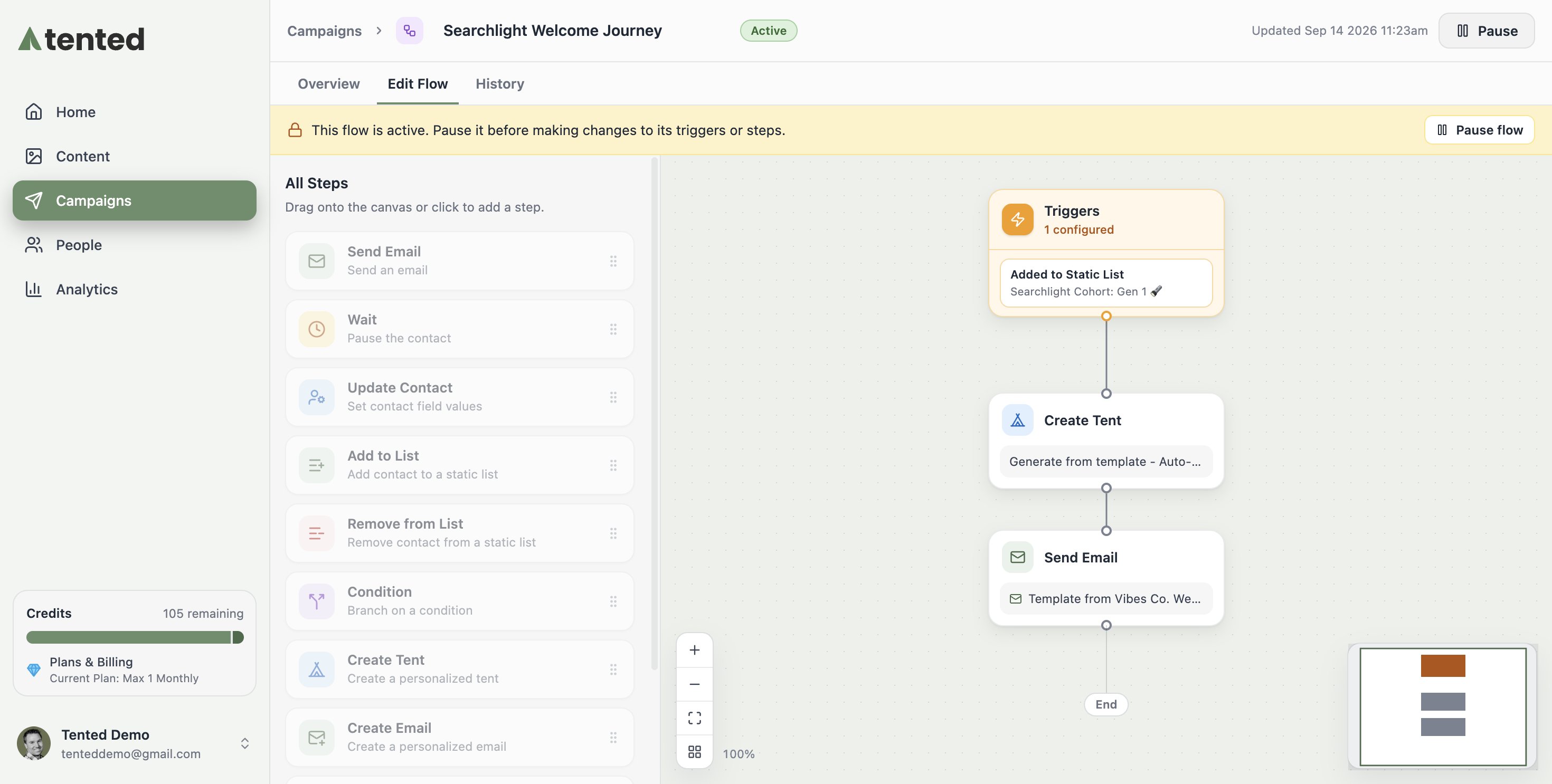 A screenshot of an active flow with the ACTIVE badge and a banner noting the flow must be paused before making changes.