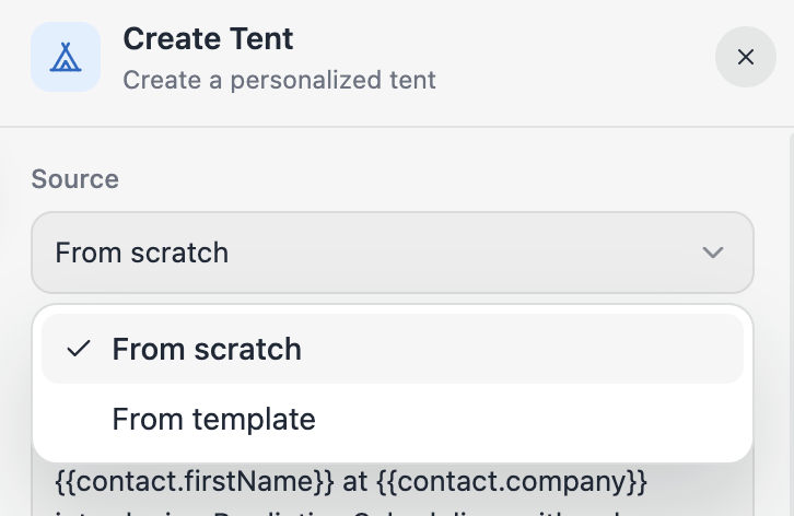 A screenshot of the Source dropdown showing From scratch and From template options.