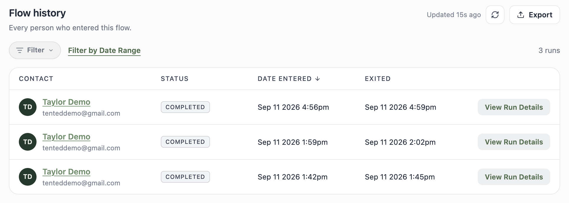 A screenshot of the flow History tab showing one run with an In Flow status and a View Run Details button.