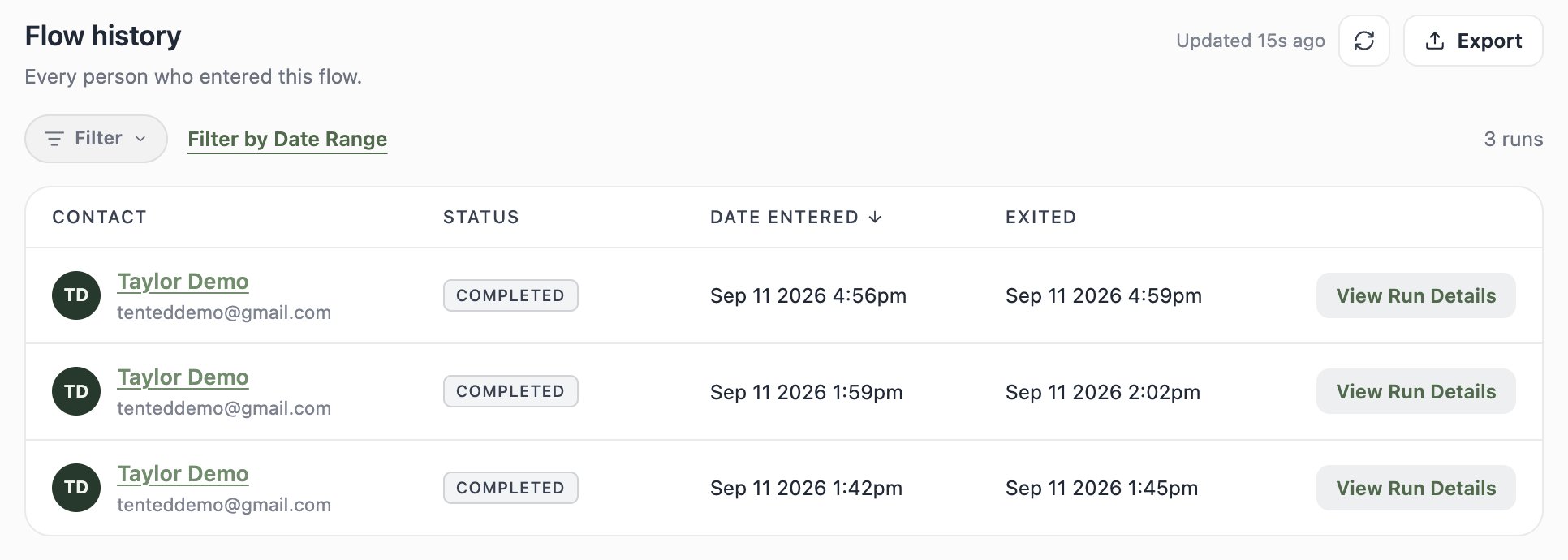 A screenshot of the flow History tab showing one run with an In Flow status and a View Run Details button.