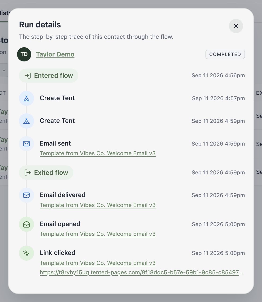 A screenshot of the Run details timeline showing Entered flow, Email sent, Wait, and Email delivered events with timestamps.