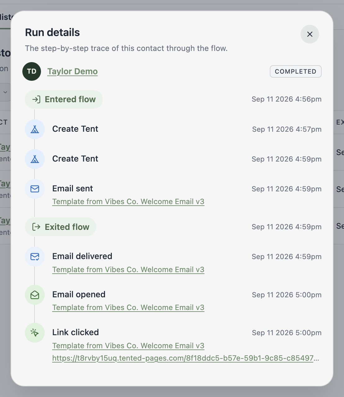 A screenshot of the Run details timeline showing Entered flow, Email sent, Wait, and Email delivered events with timestamps.