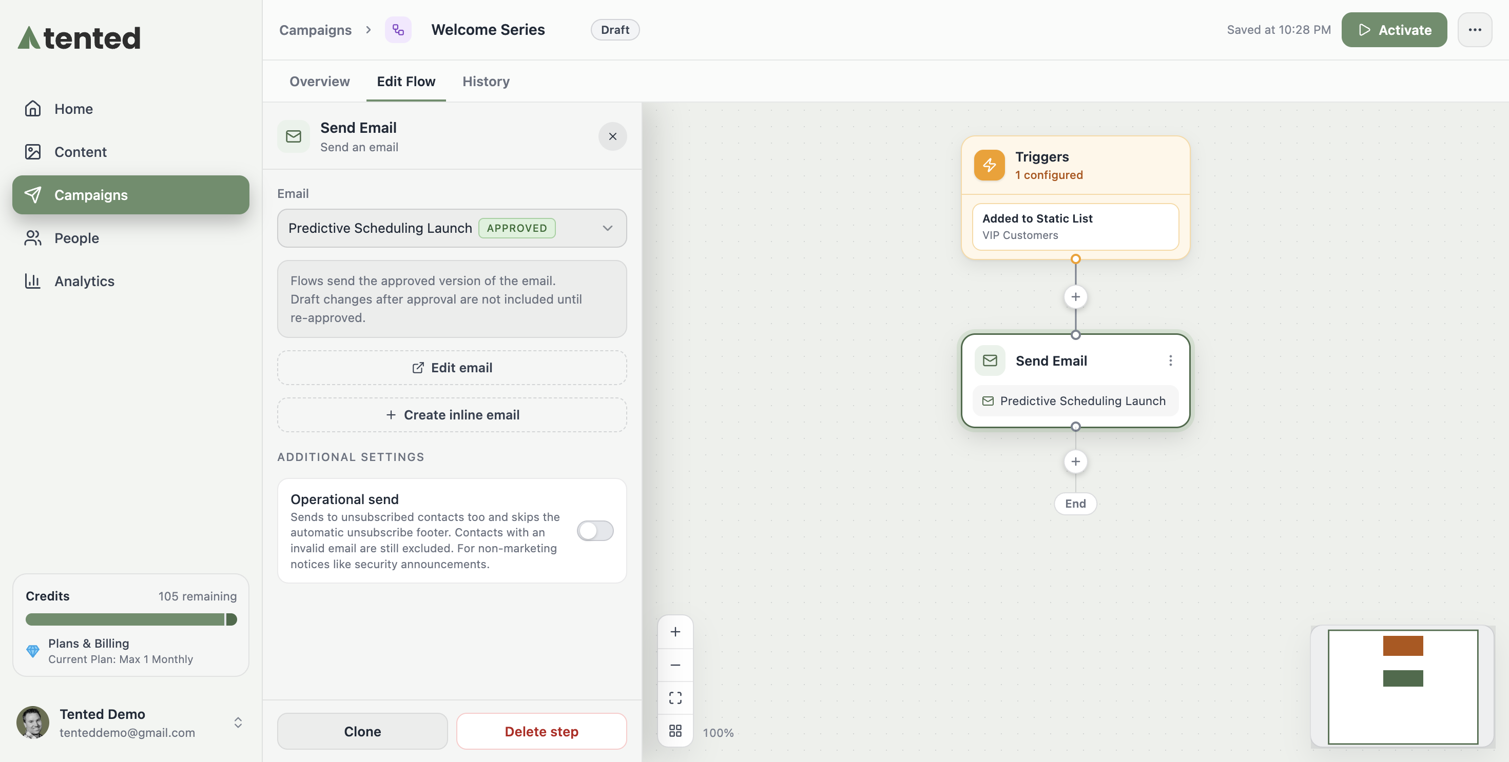 A screenshot of the Configure Send Email panel with an approved email selected and the flow canvas showing Trigger, Send Email, and End nodes.