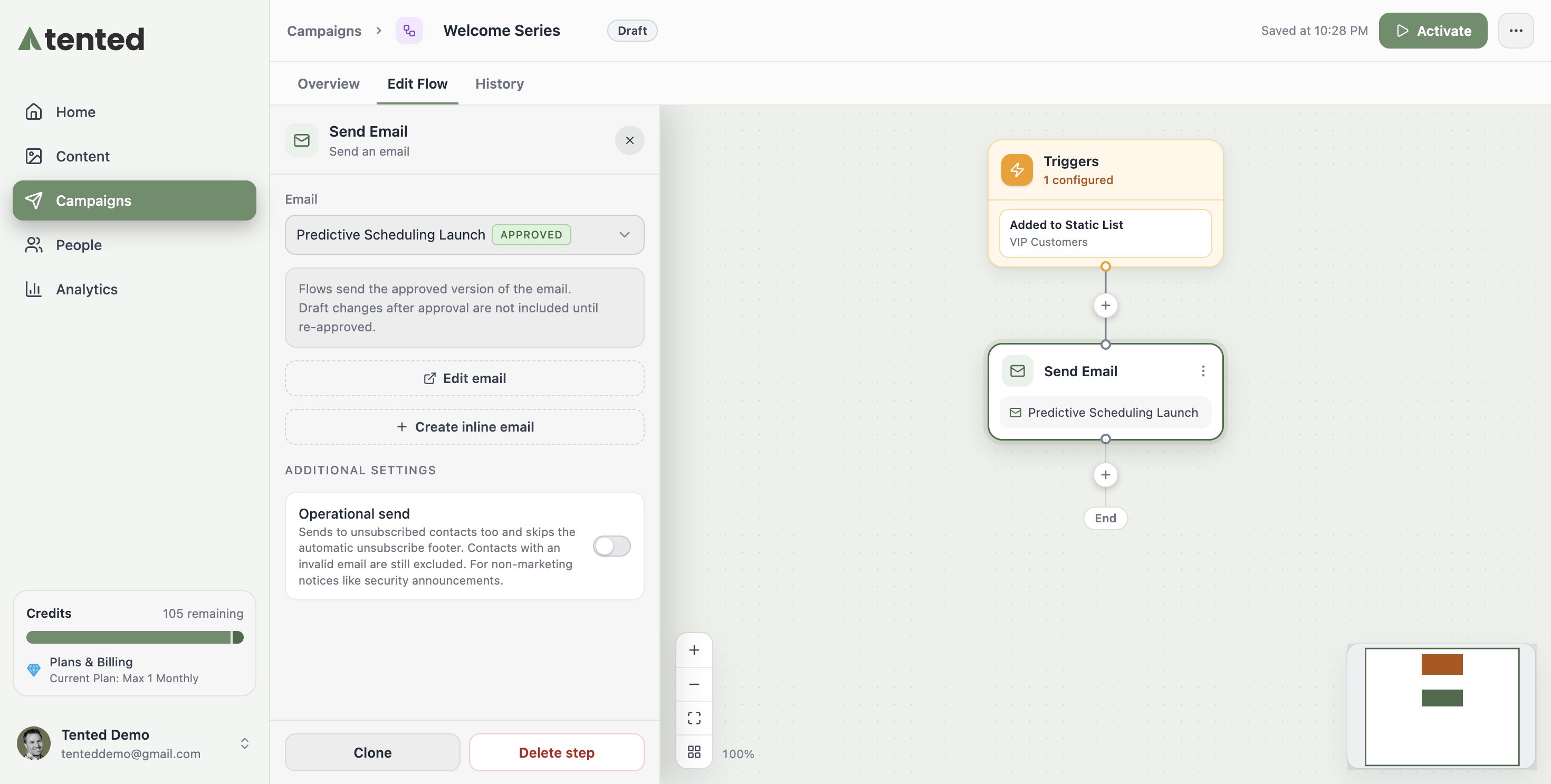 A screenshot of the Configure Send Email panel with an approved email selected and the flow canvas showing Trigger, Send Email, and End nodes.