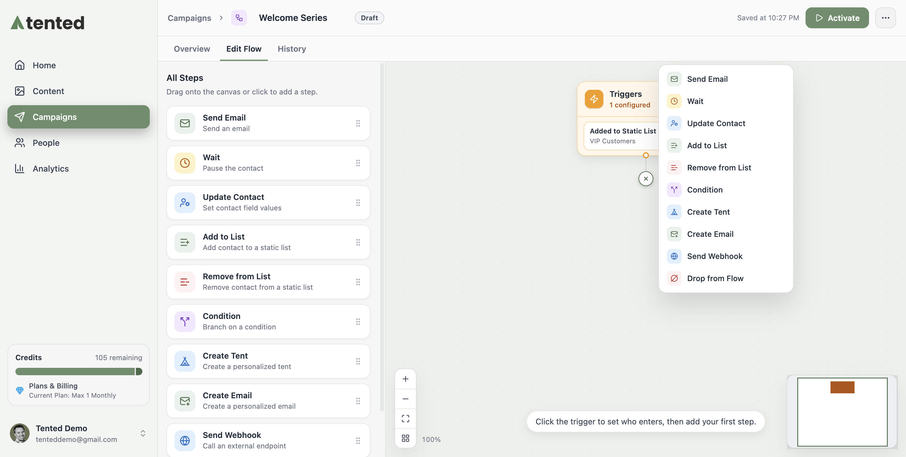 A screenshot of the step palette showing Send Email, Wait, Update Contact, Add to List, Remove from List, Condition, Create Tent, Send Webhook, and Drop from Flow.