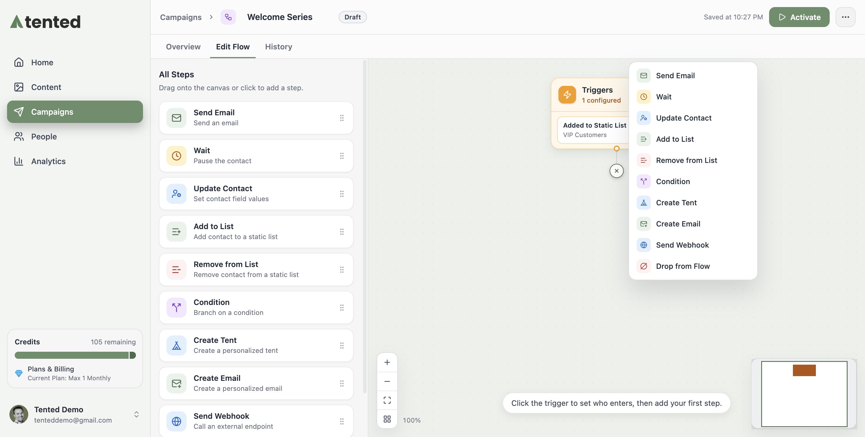 A screenshot of the step palette showing Send Email, Wait, Update Contact, Add to List, Remove from List, Condition, Create Tent, Send Webhook, and Drop from Flow.